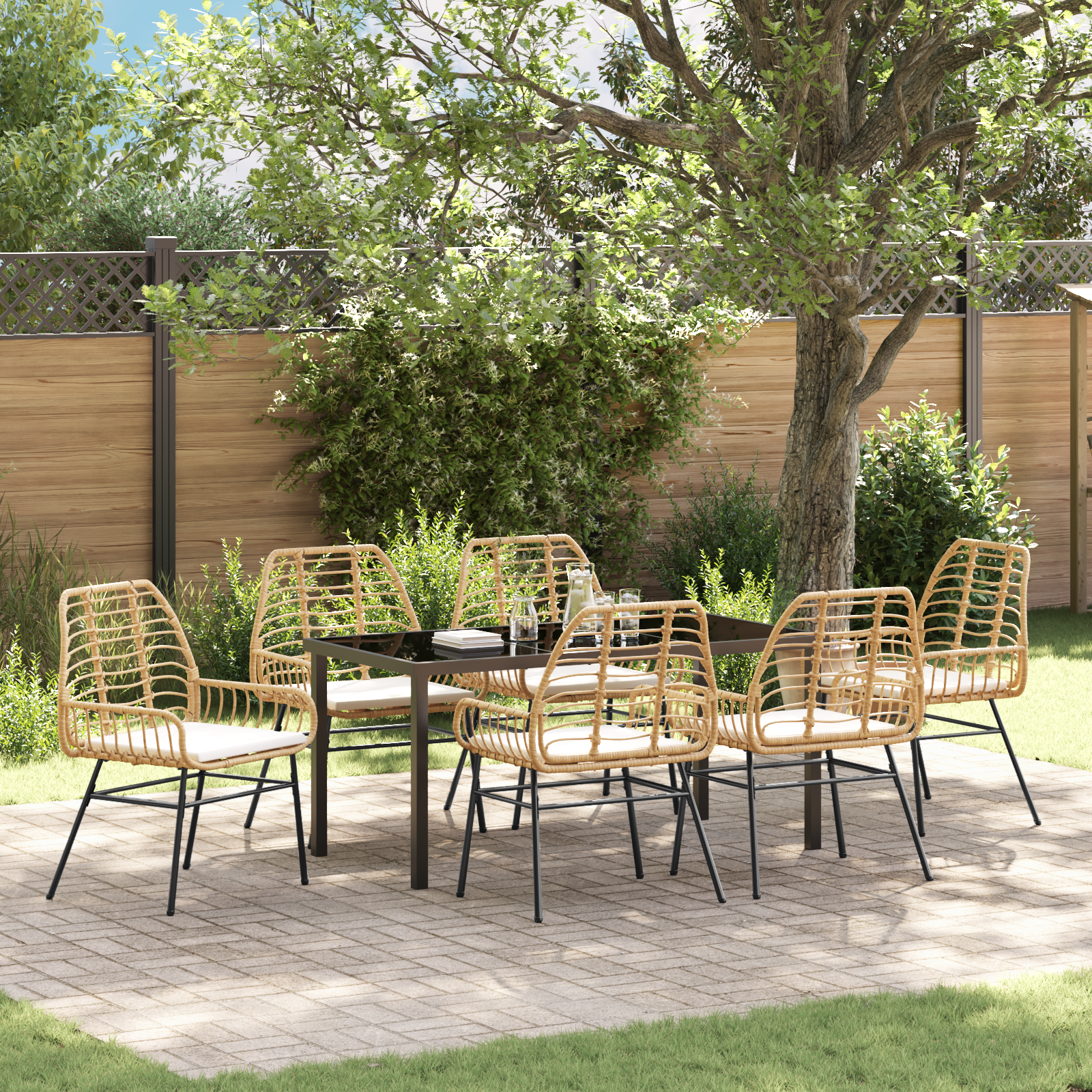 7 Piece Garden Dining Set with Cushions Brown Poly Rattan