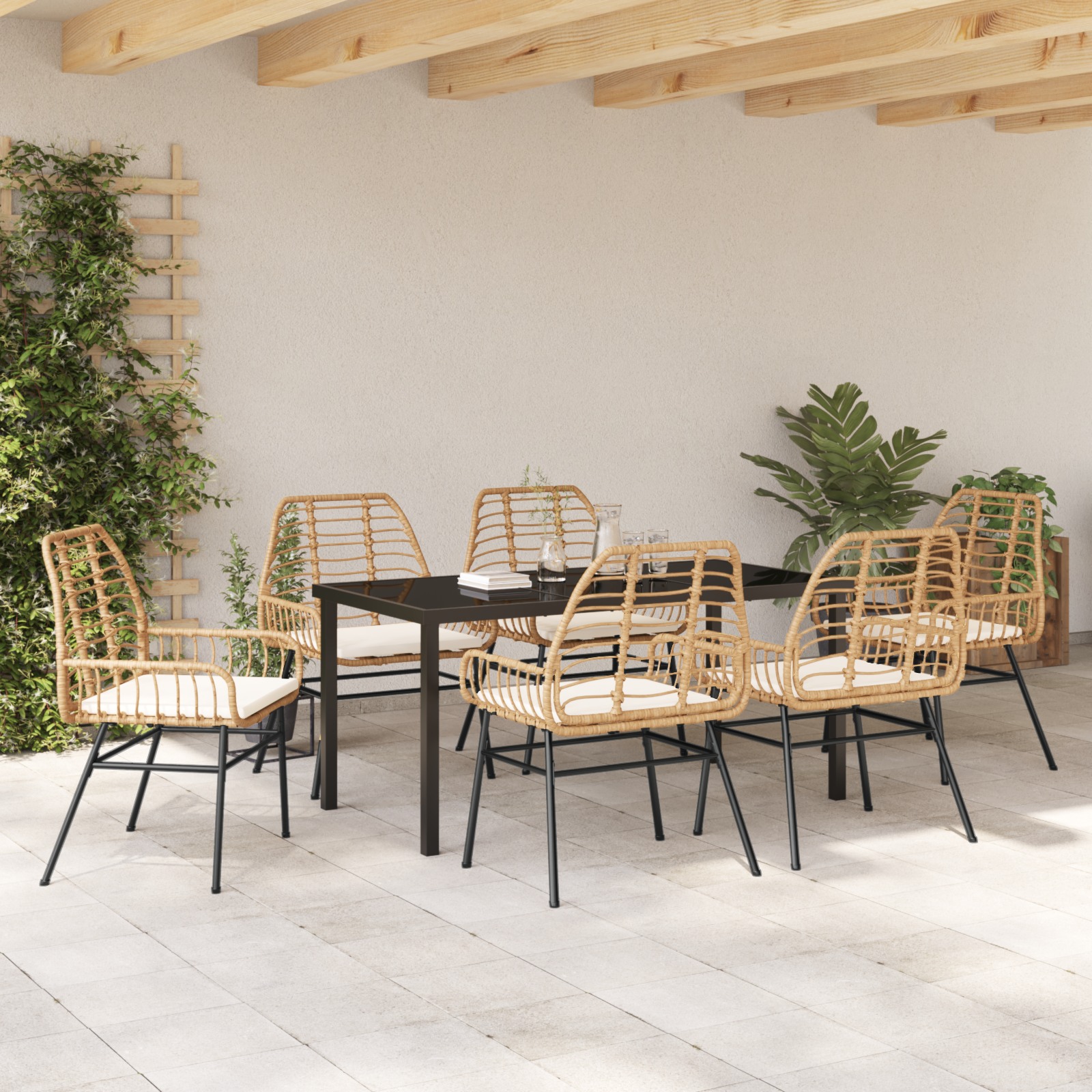 7 Piece Garden Dining Set with Cushions Brown Poly Rattan - Image 4