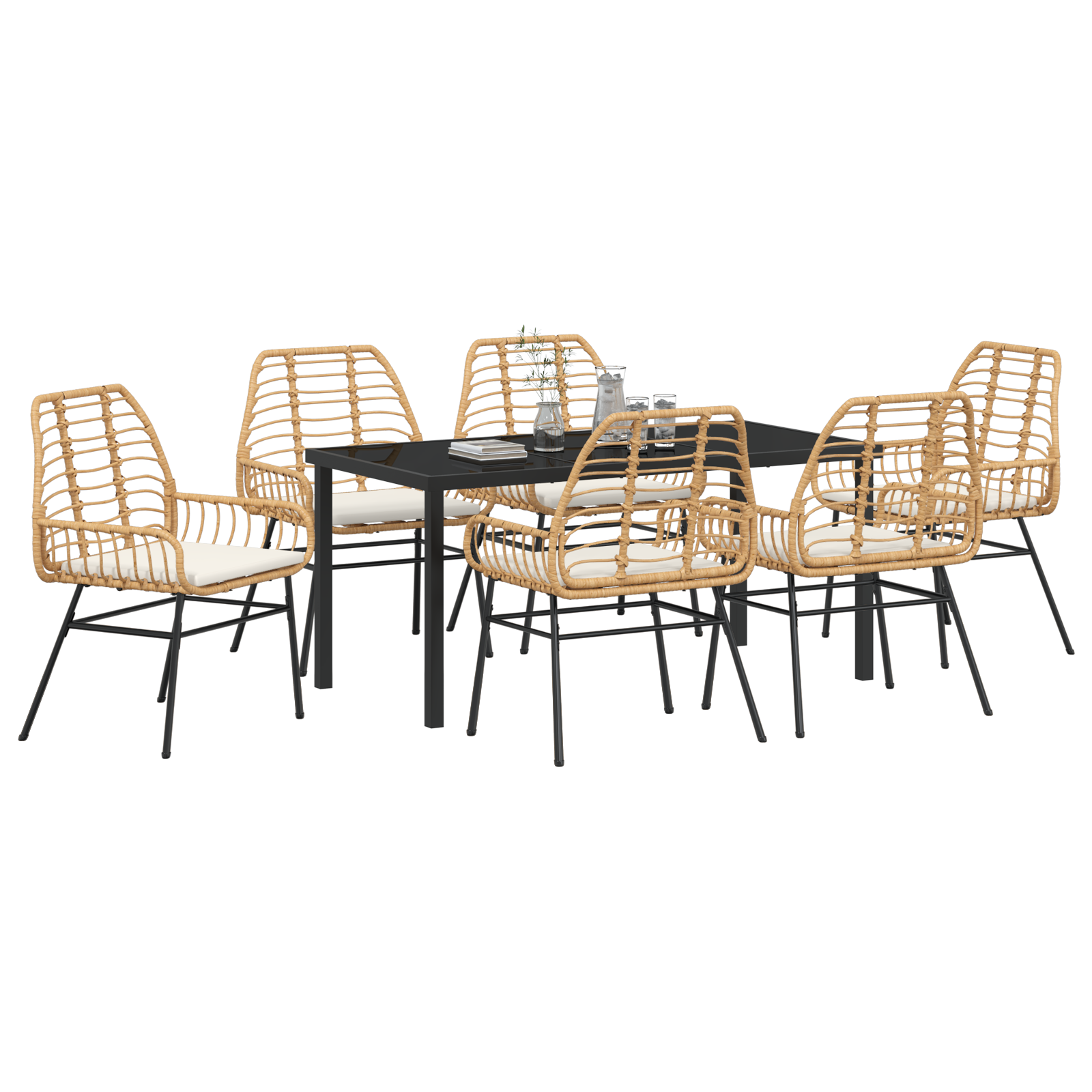 7 Piece Garden Dining Set with Cushions Brown Poly Rattan - Image 3