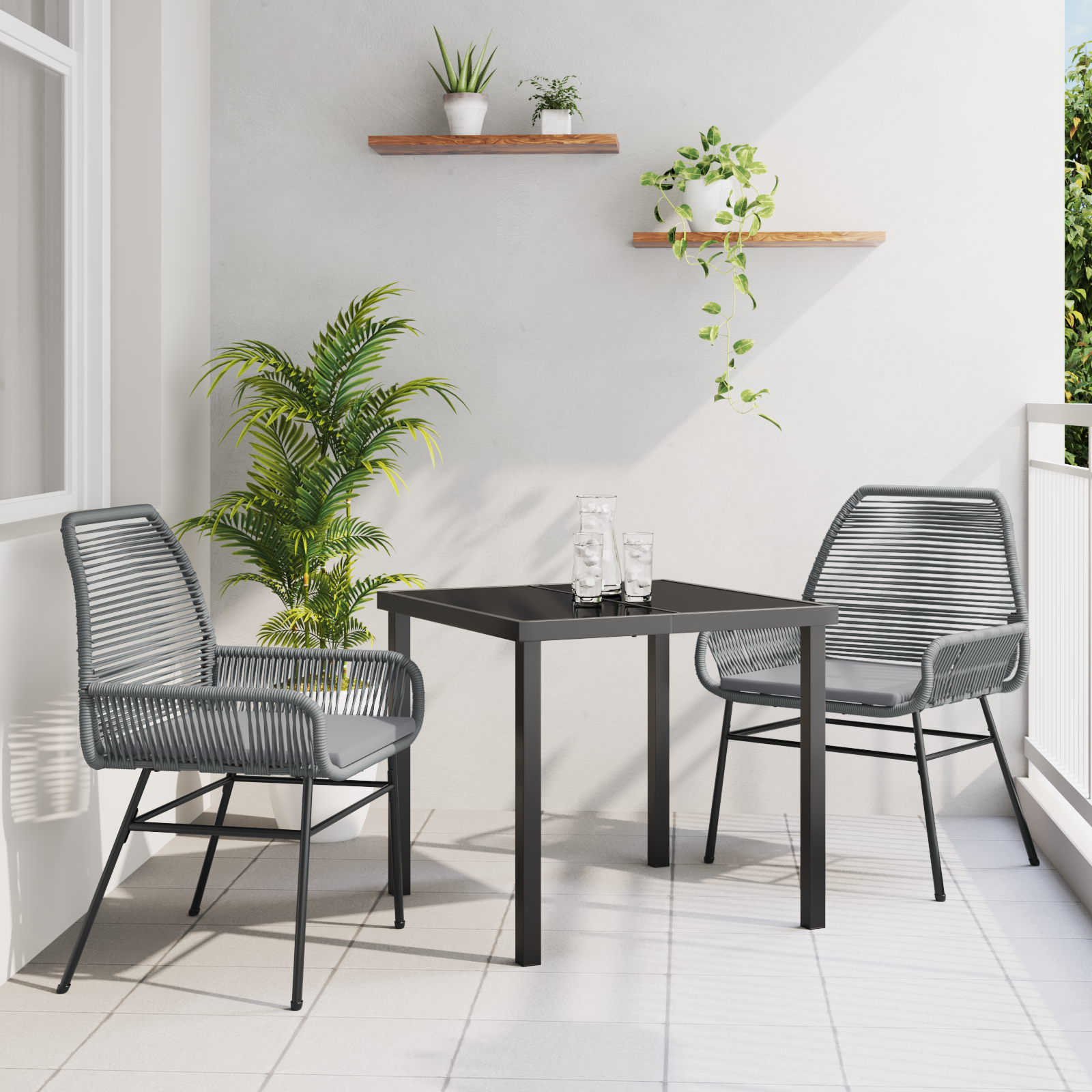 3 Piece Garden Dining Set with Cushions Grey Poly Rattan