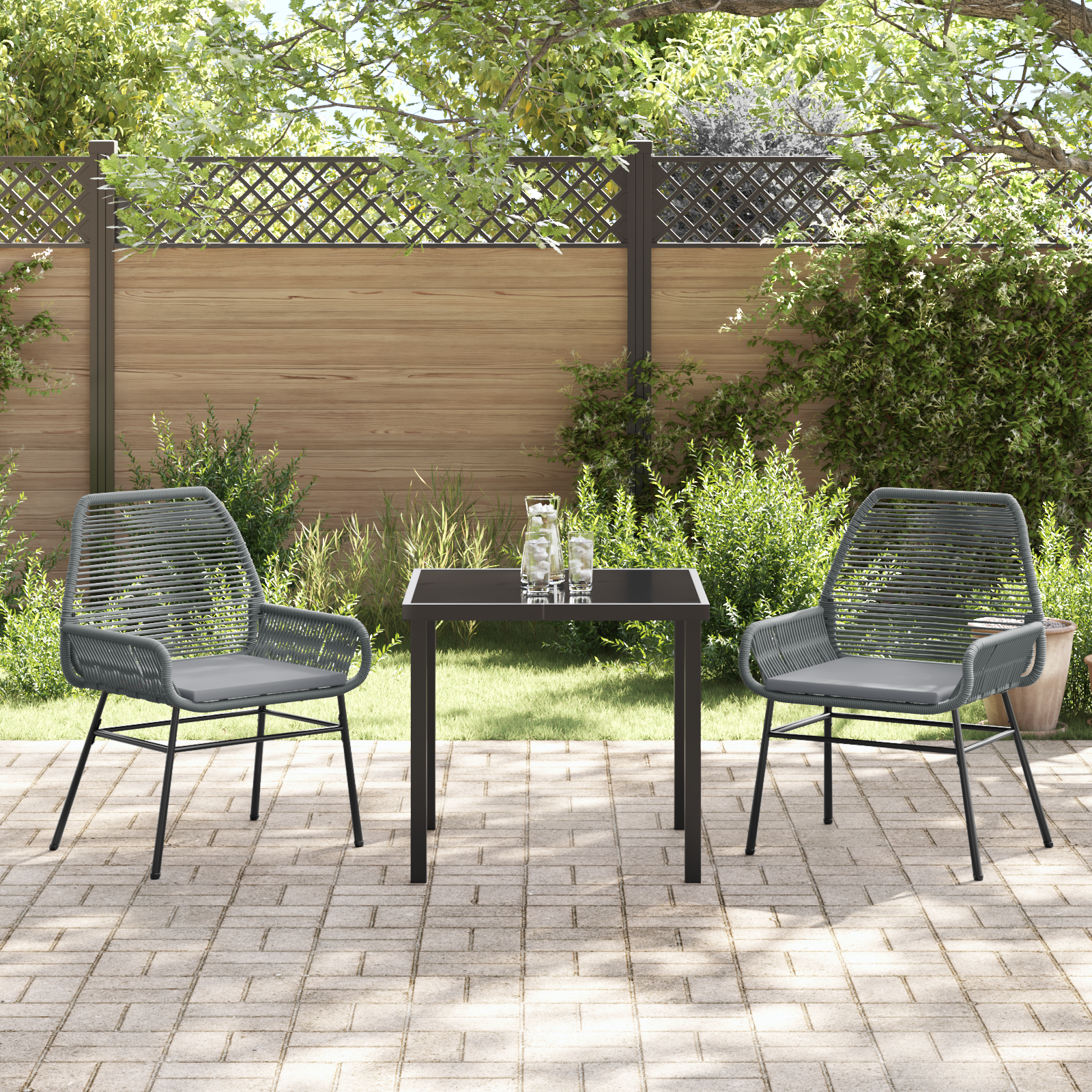 3 Piece Garden Dining Set with Cushions Grey Poly Rattan - Image 4