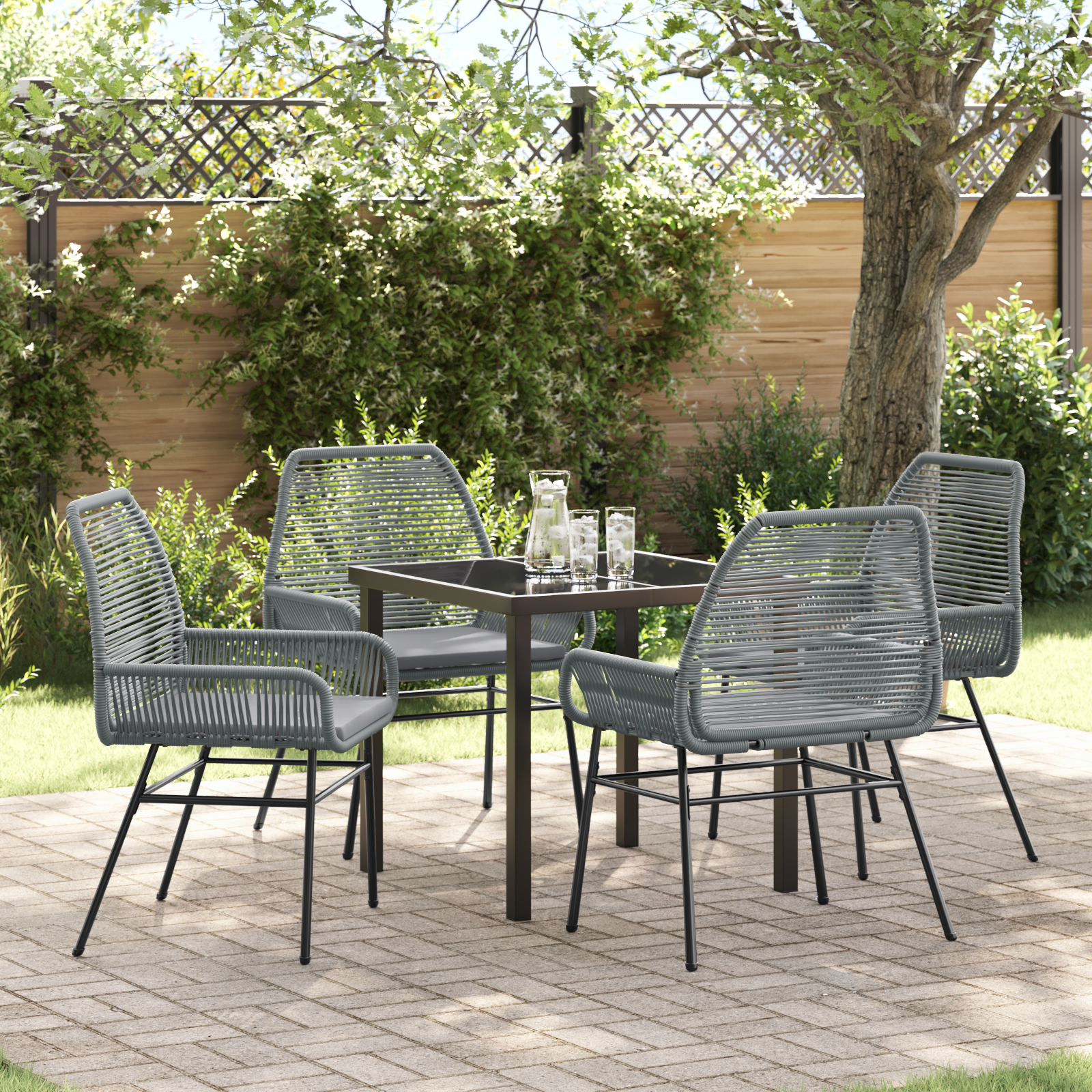 5 Piece Garden Dining Set with Cushions Grey Poly Rattan