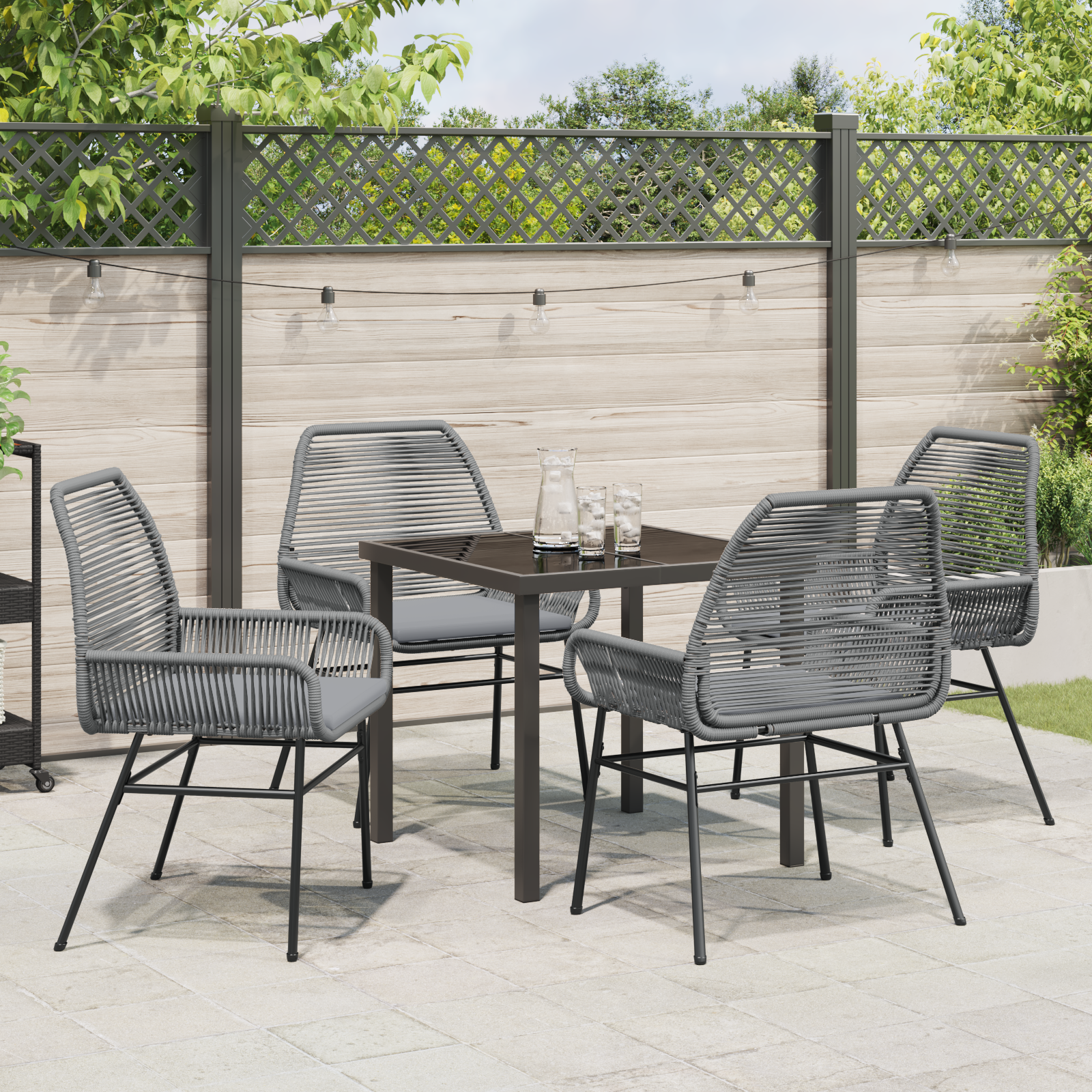 5 Piece Garden Dining Set with Cushions Grey Poly Rattan - Image 4