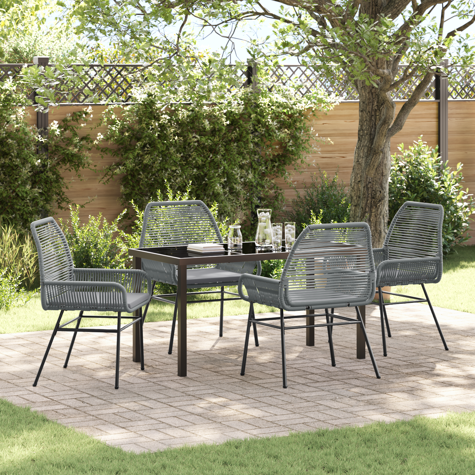 5 Piece Garden Dining Set with Cushions Grey Poly Rattan
