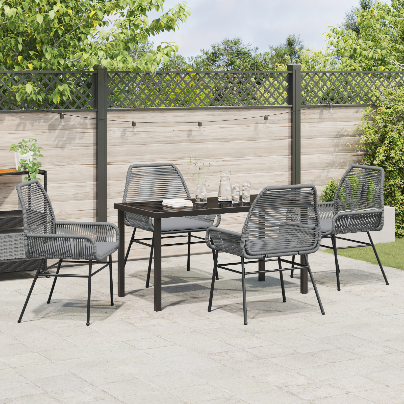 5 Piece Garden Dining Set with Cushions Grey Poly Rattan - Image 4