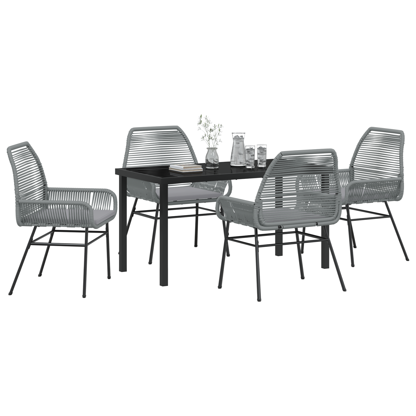 5 Piece Garden Dining Set with Cushions Grey Poly Rattan - Image 3