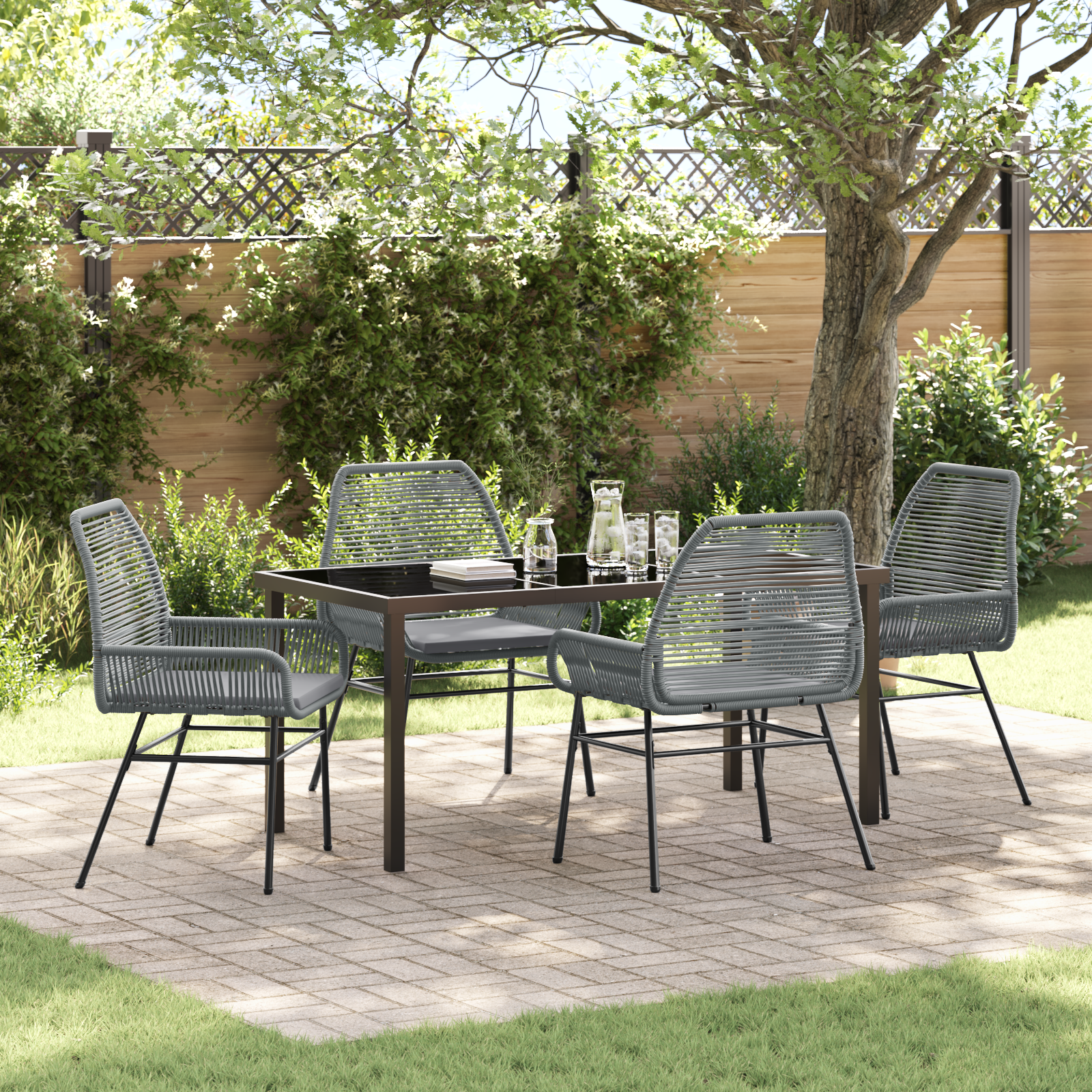 5 Piece Garden Dining Set with Cushions Grey Poly Rattan