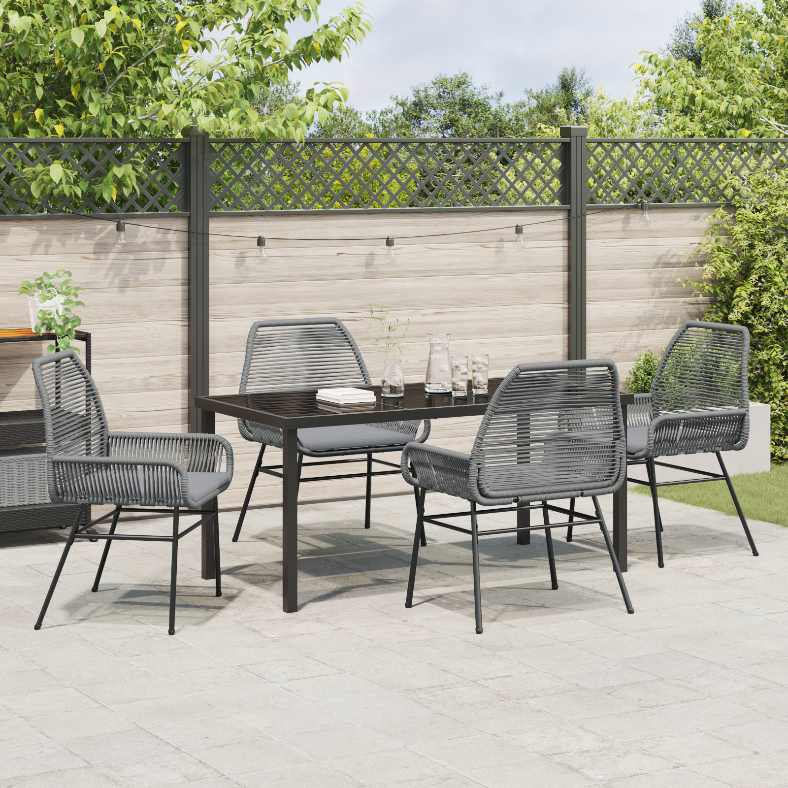 5 Piece Garden Dining Set with Cushions Grey Poly Rattan - Image 4