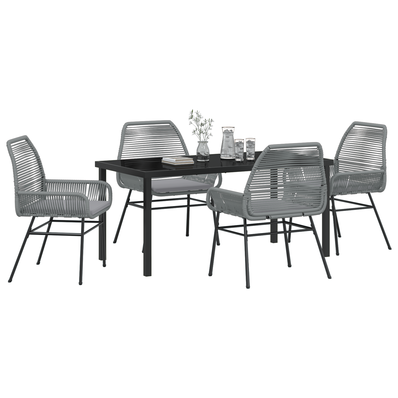 5 Piece Garden Dining Set with Cushions Grey Poly Rattan - Image 3