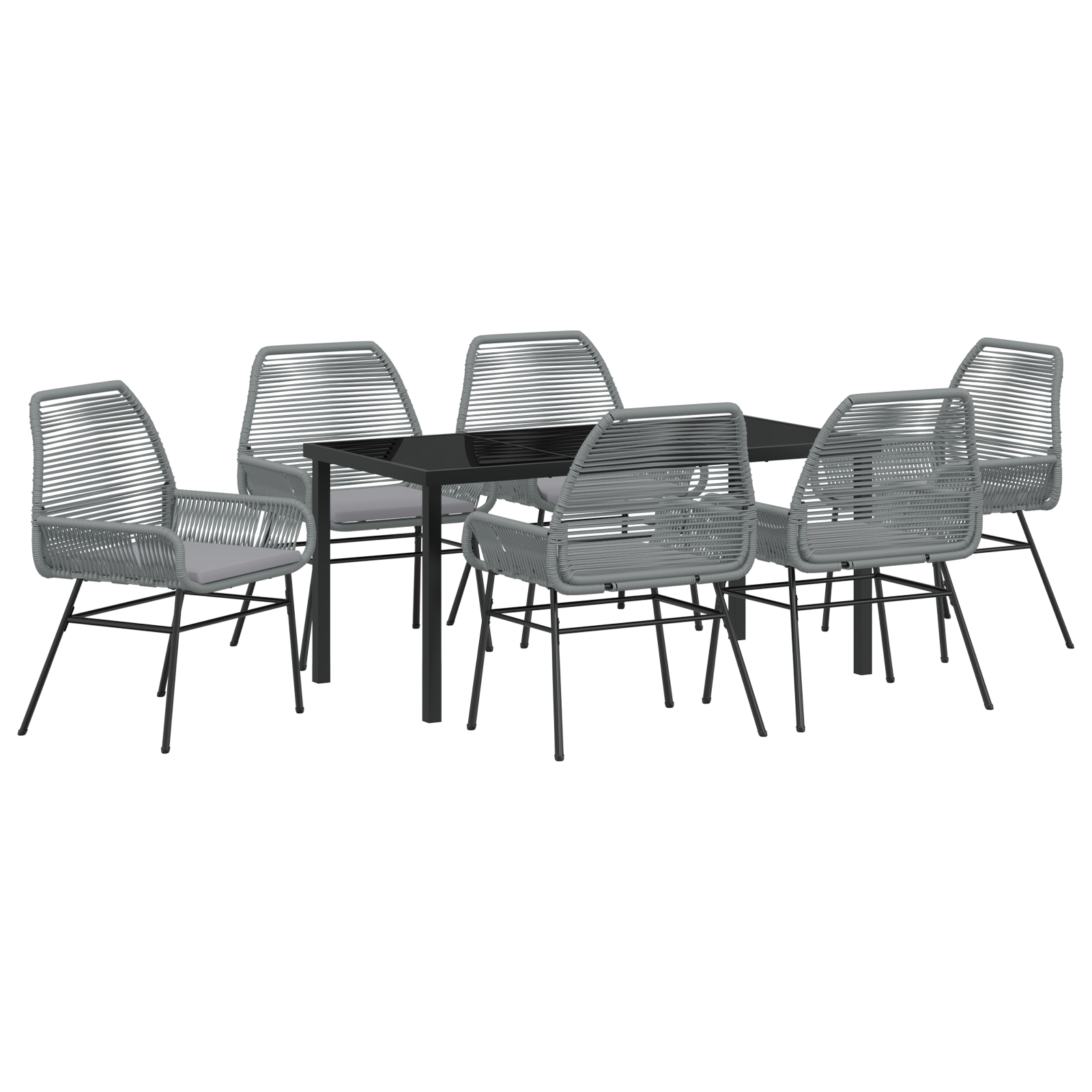 7 Piece Garden Dining Set with Cushions Grey Poly Rattan - Image 2