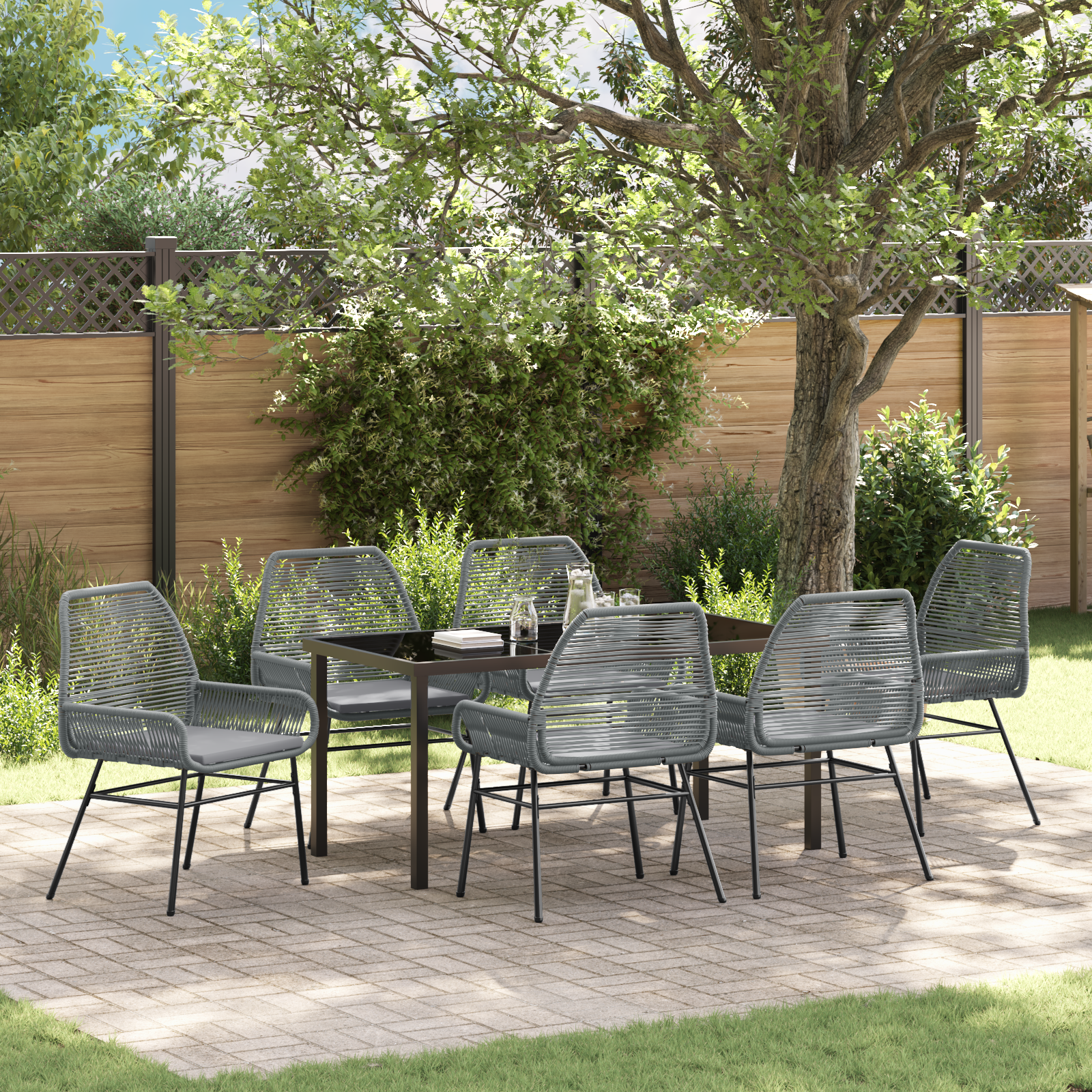 7 Piece Garden Dining Set with Cushions Grey Poly Rattan