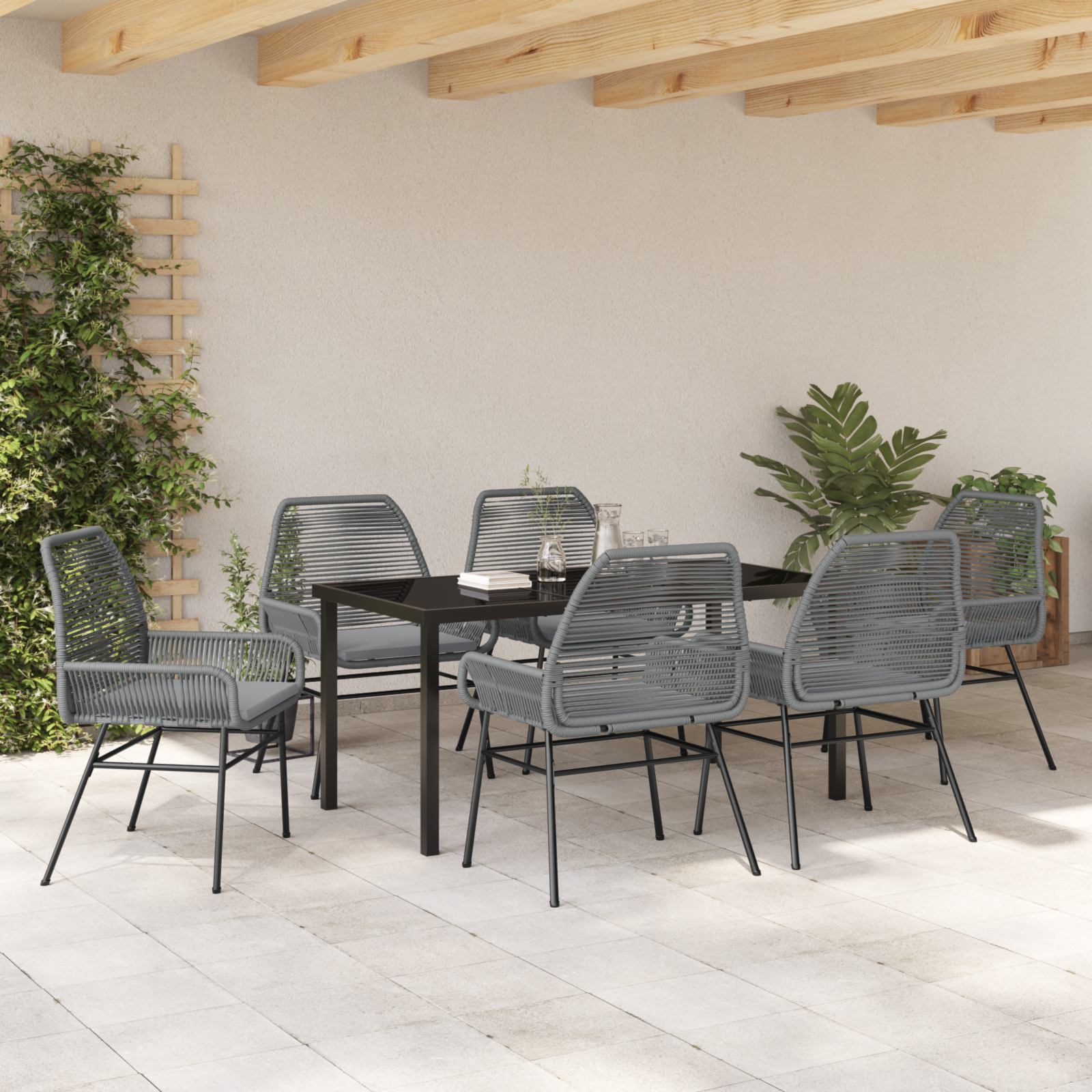 7 Piece Garden Dining Set with Cushions Grey Poly Rattan - Image 4