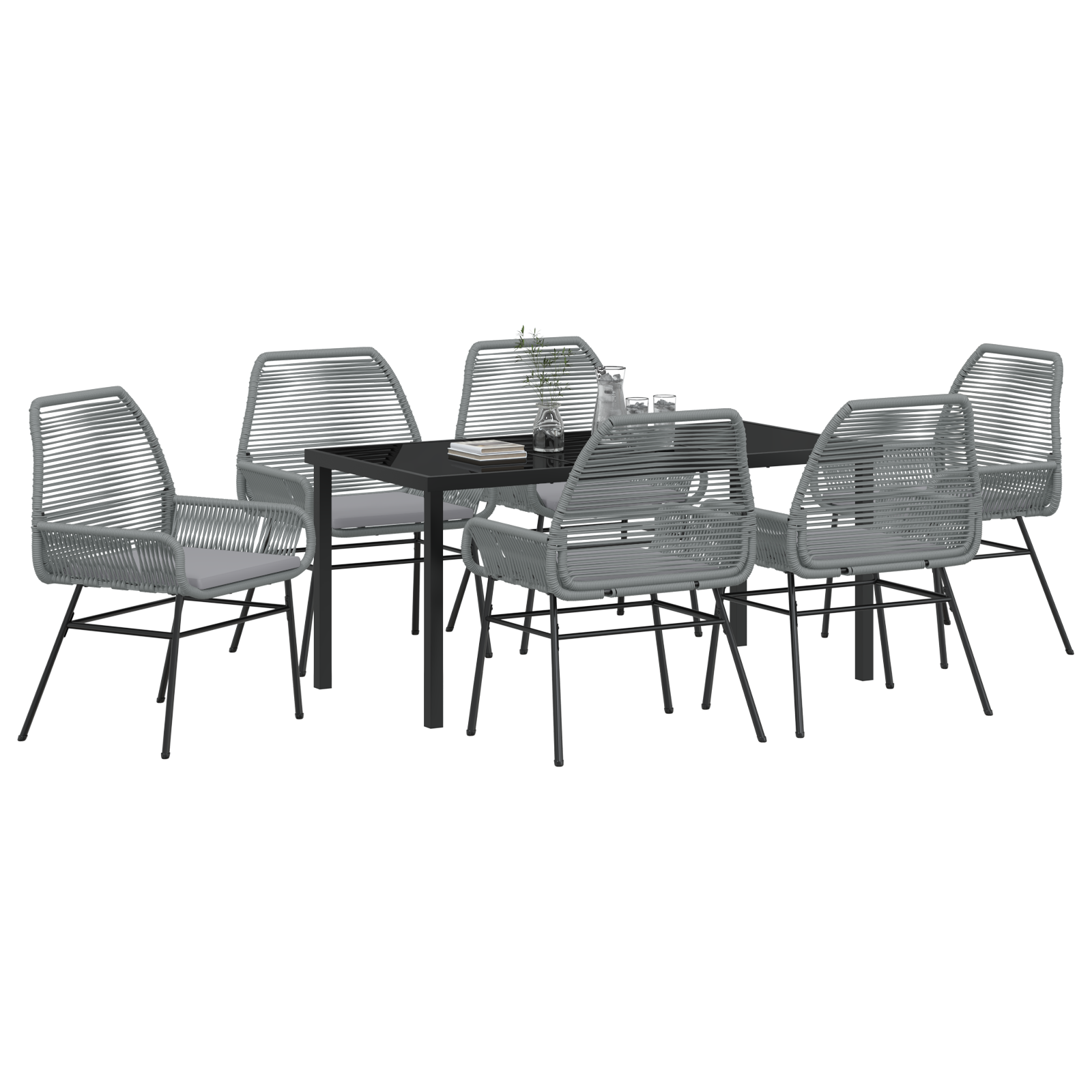 7 Piece Garden Dining Set with Cushions Grey Poly Rattan - Image 3