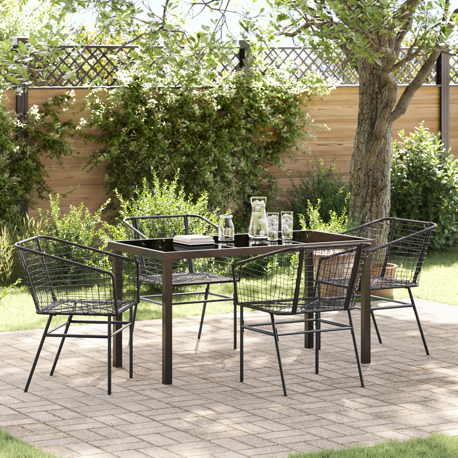 5 Piece Garden Dining Set Black Poly Rattan