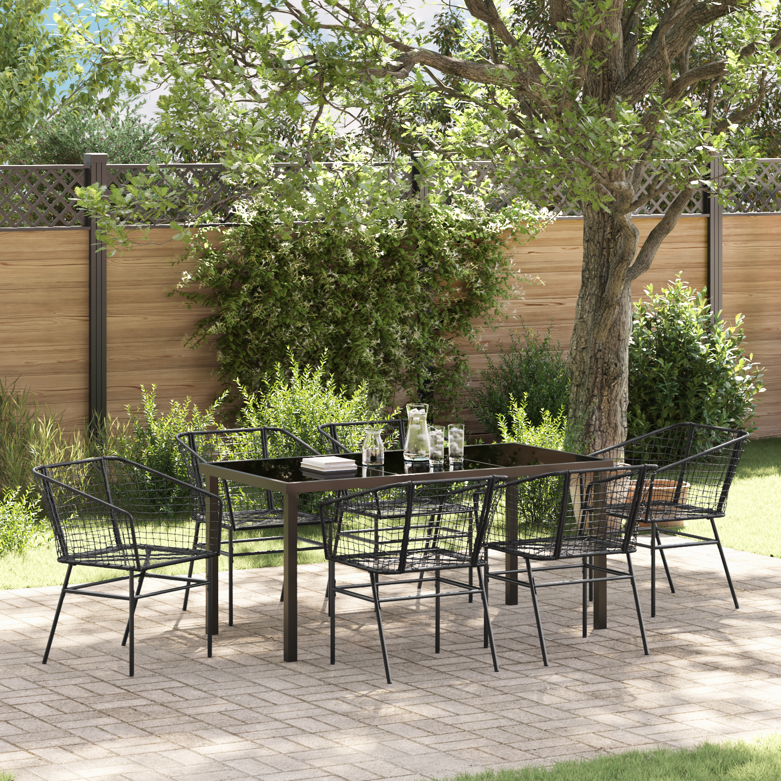 7 Piece Garden Dining Set Black Poly Rattan