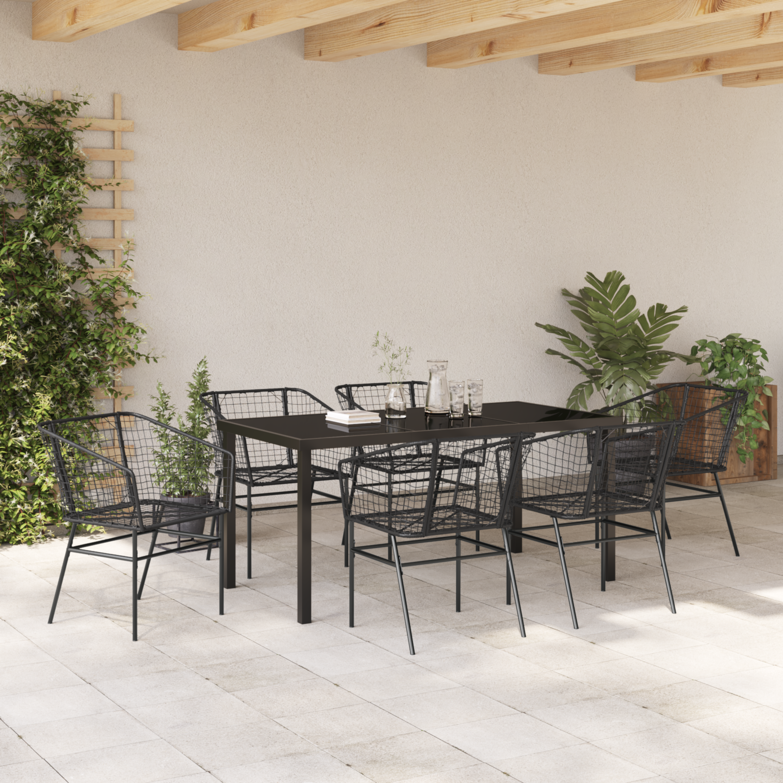 7 Piece Garden Dining Set Black Poly Rattan - Image 4