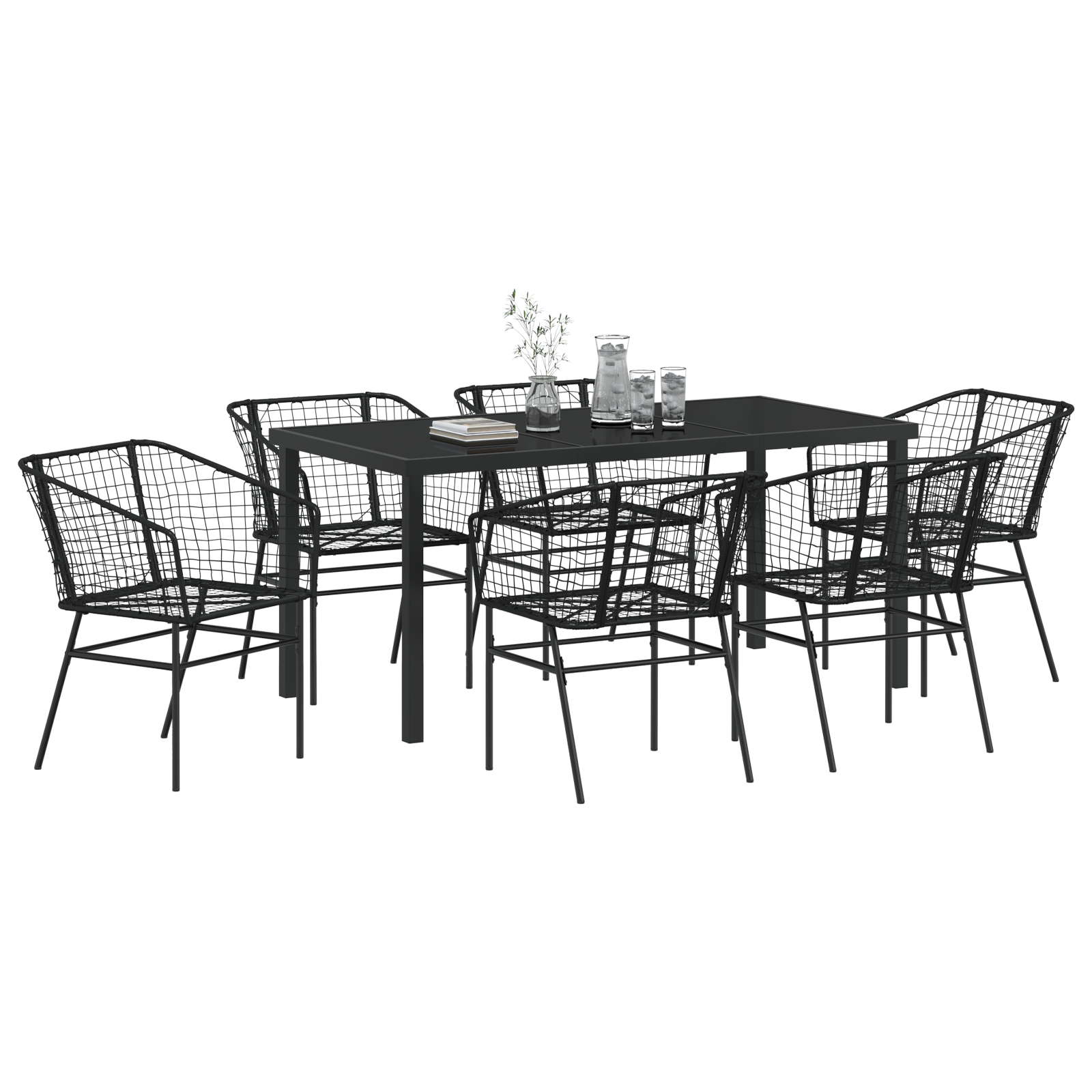7 Piece Garden Dining Set Black Poly Rattan - Image 3