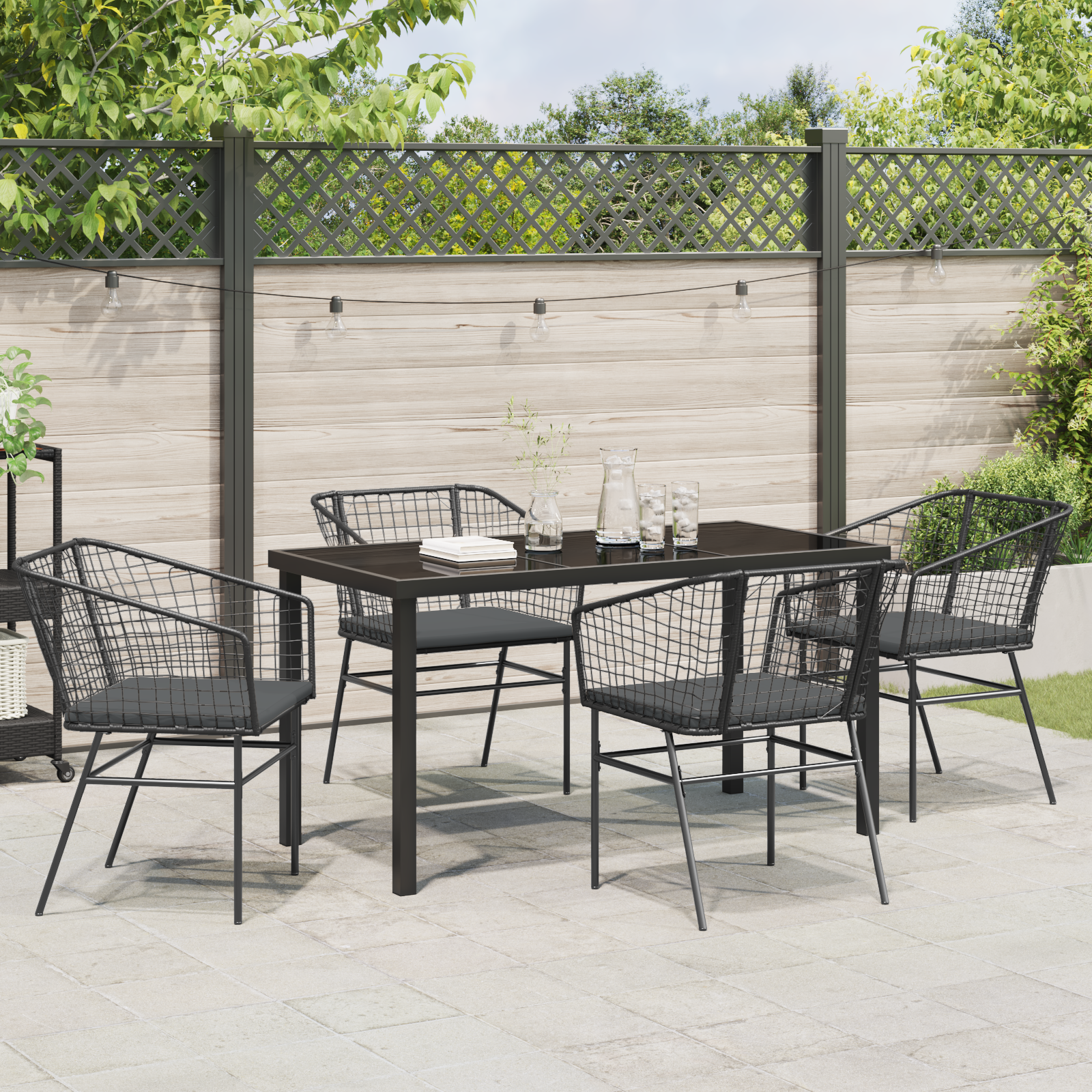5 Piece Garden Dining Set with Cushions Black Poly Rattan - Image 4