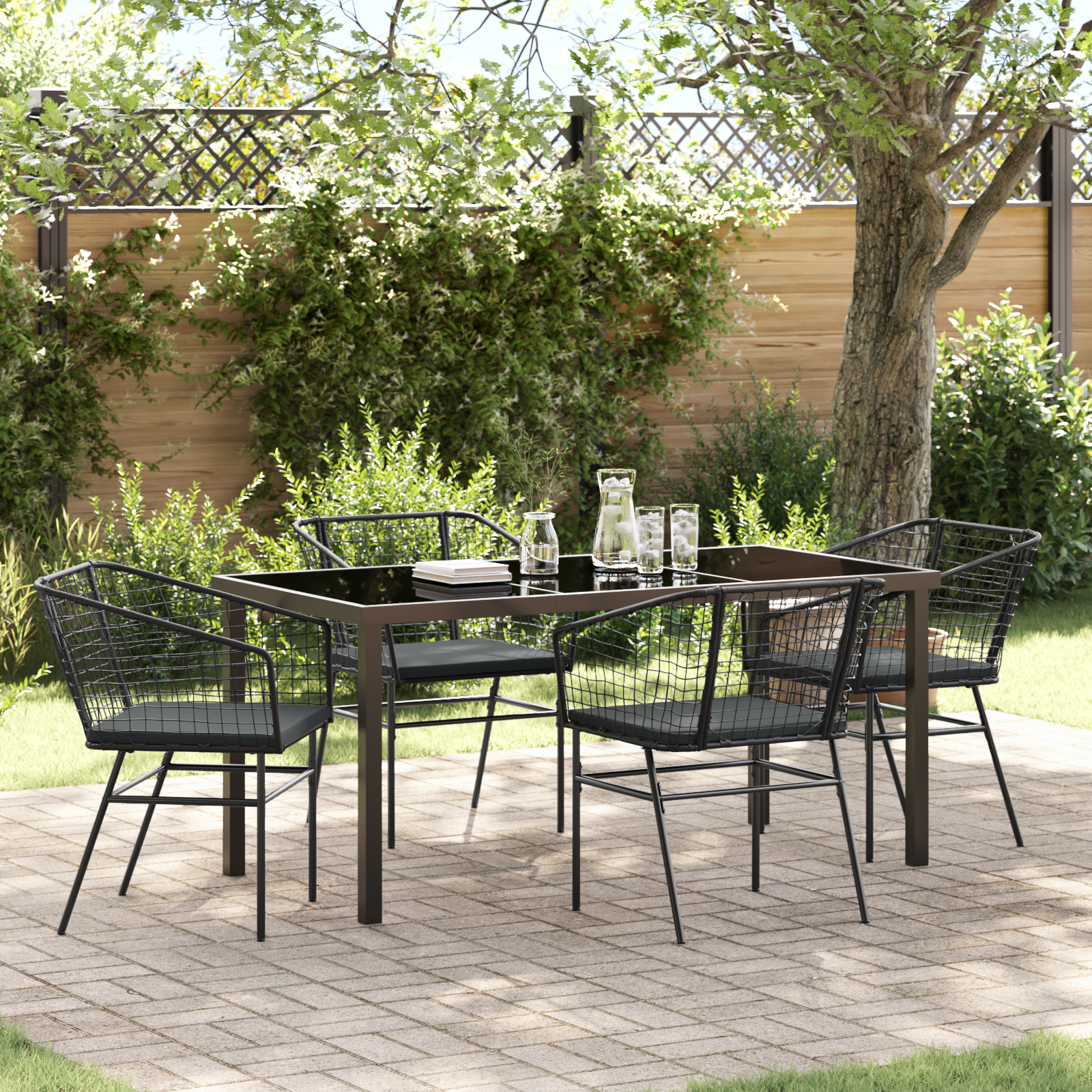 5 Piece Garden Dining Set with Cushions Black Poly Rattan