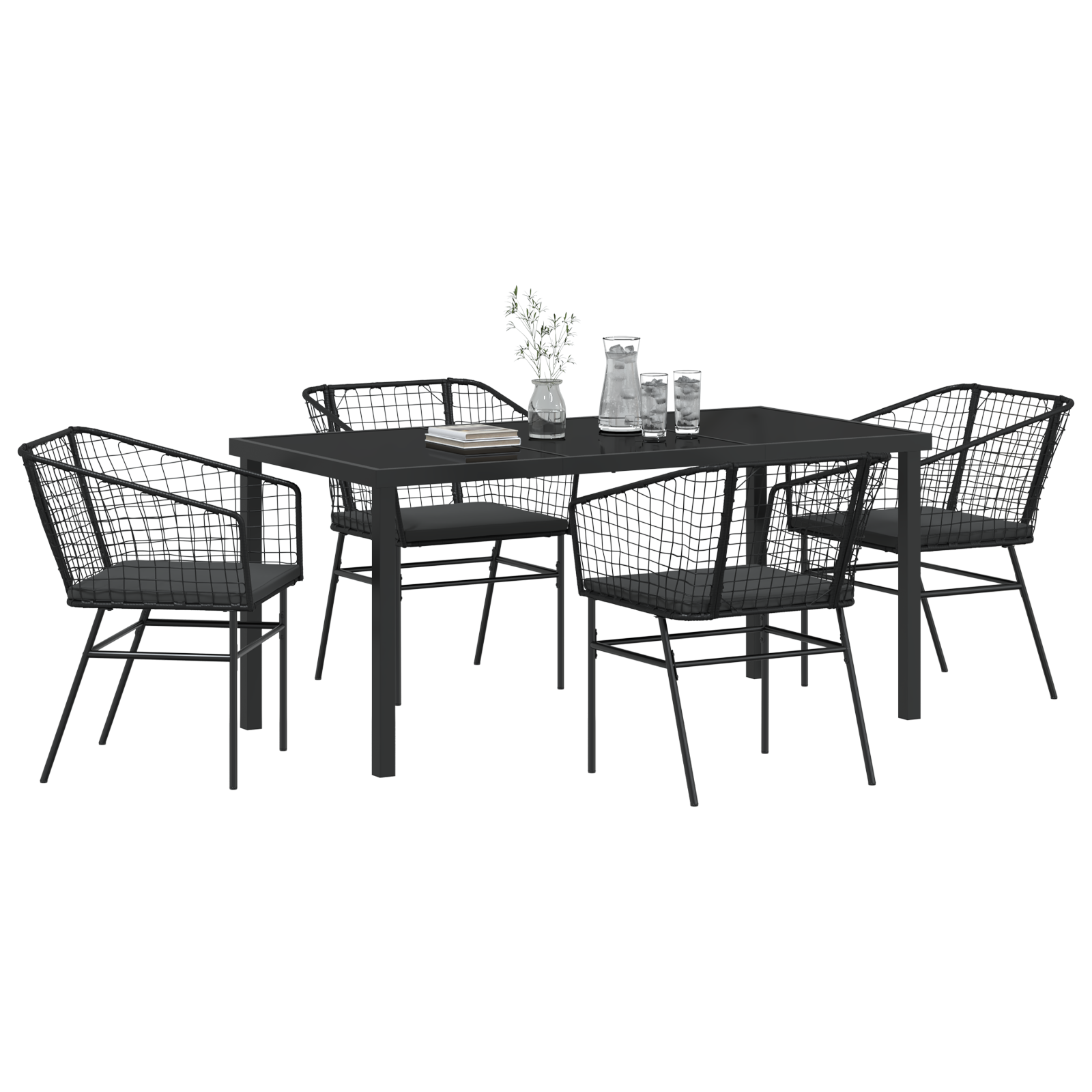 5 Piece Garden Dining Set with Cushions Black Poly Rattan - Image 3