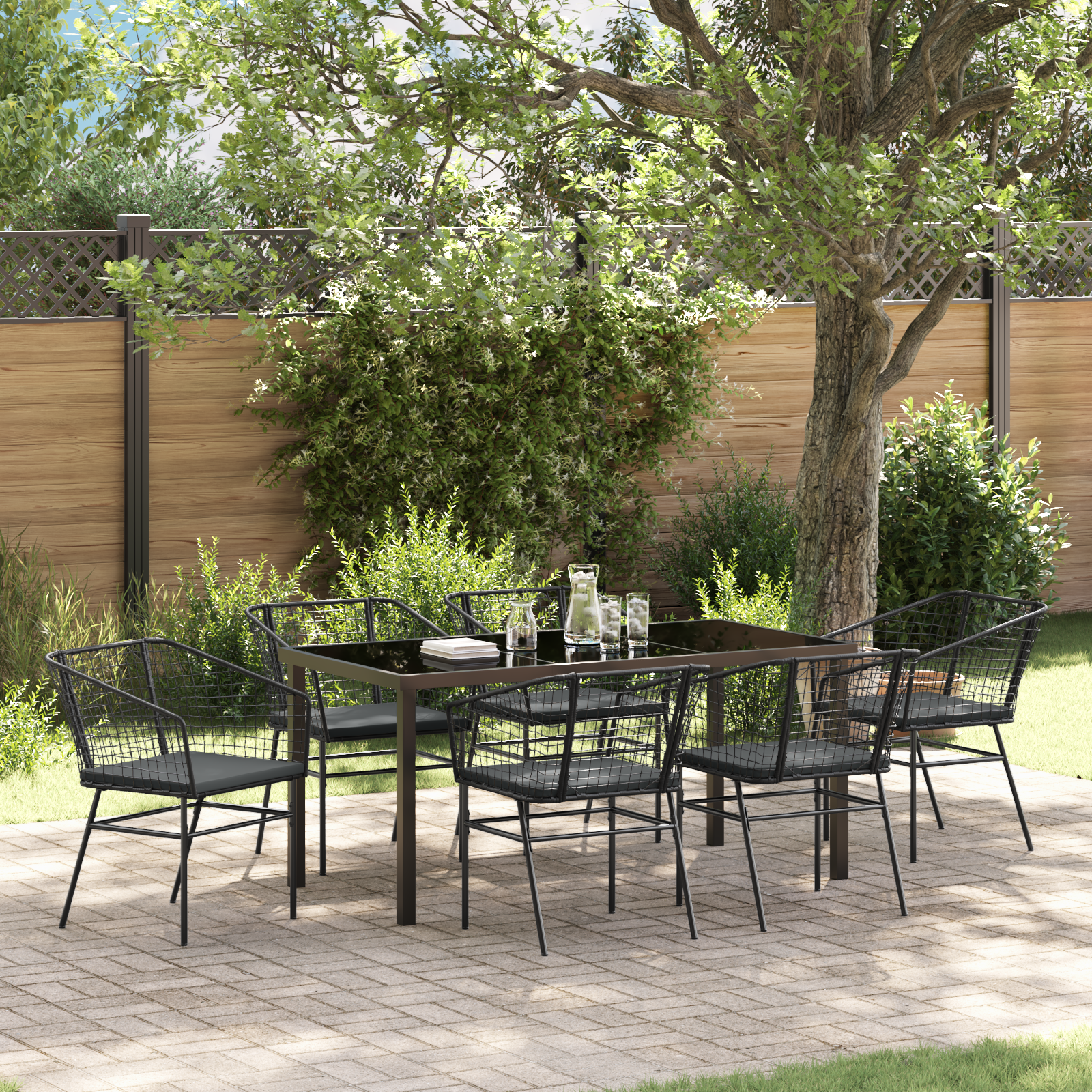 7 Piece Garden Dining Set with Cushions Black Poly Rattan
