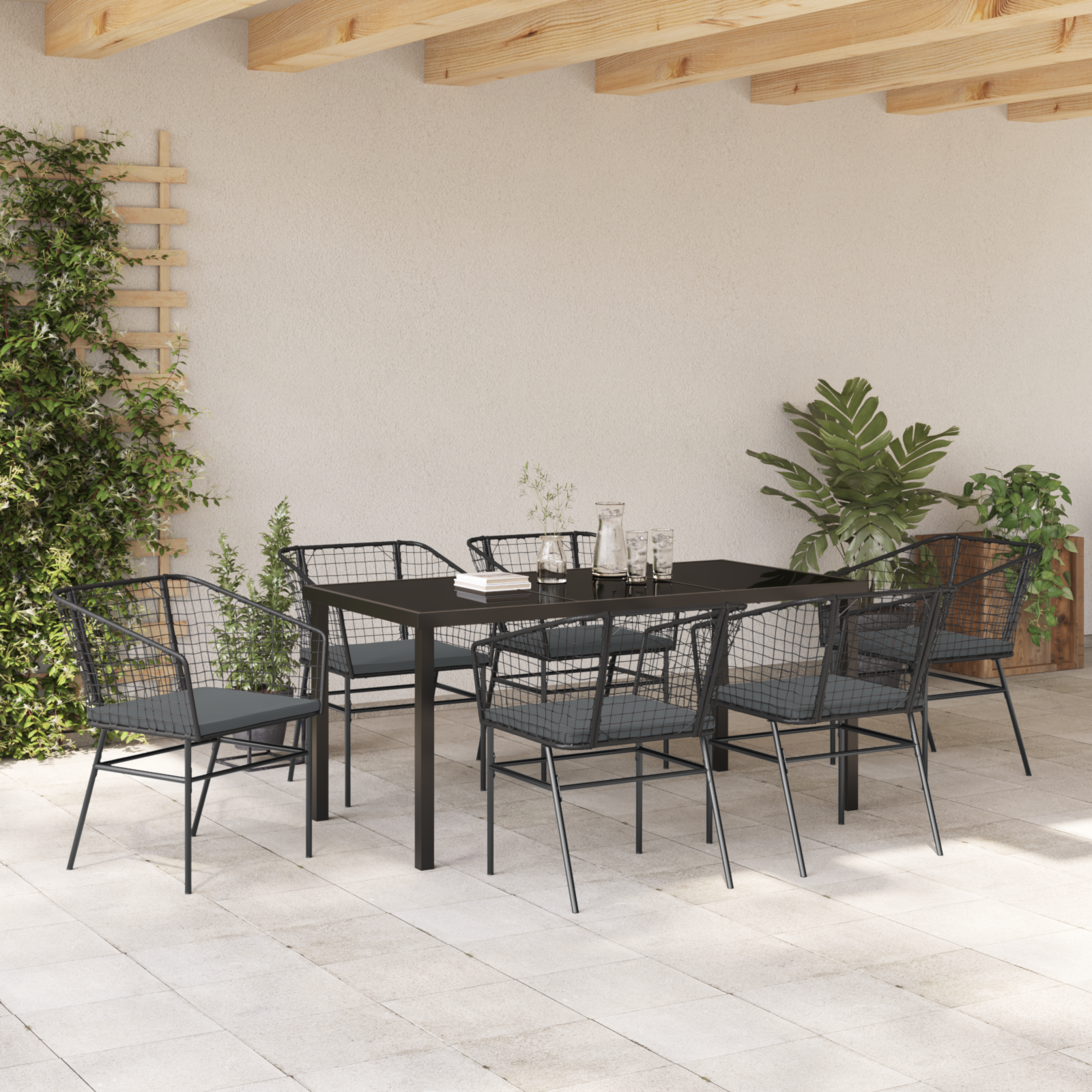 7 Piece Garden Dining Set with Cushions Black Poly Rattan - Image 4