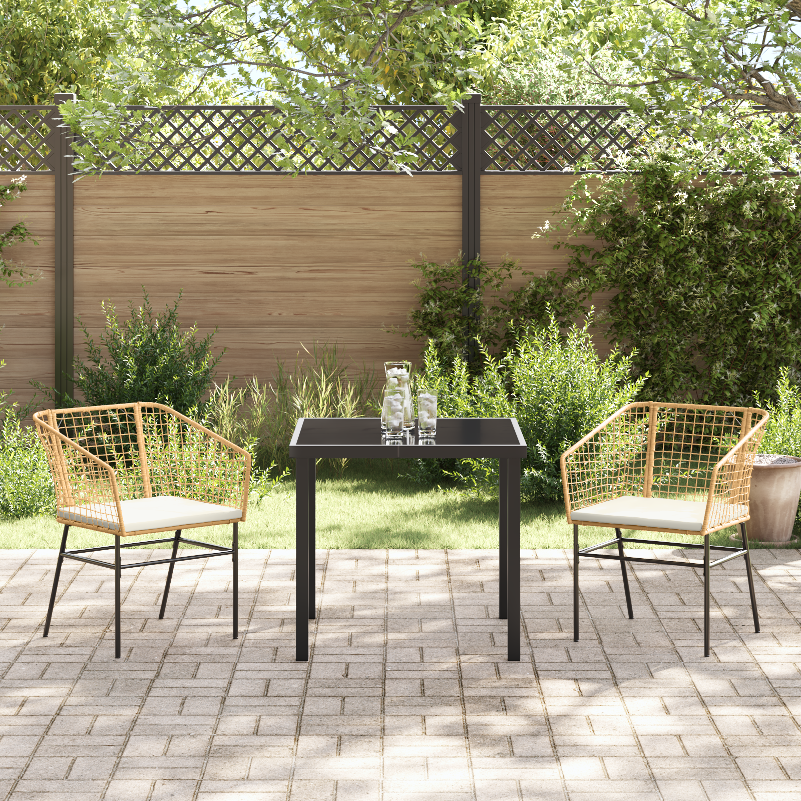 3 Piece Garden Dining Set with Cushions Brown Poly Rattan - Image 4