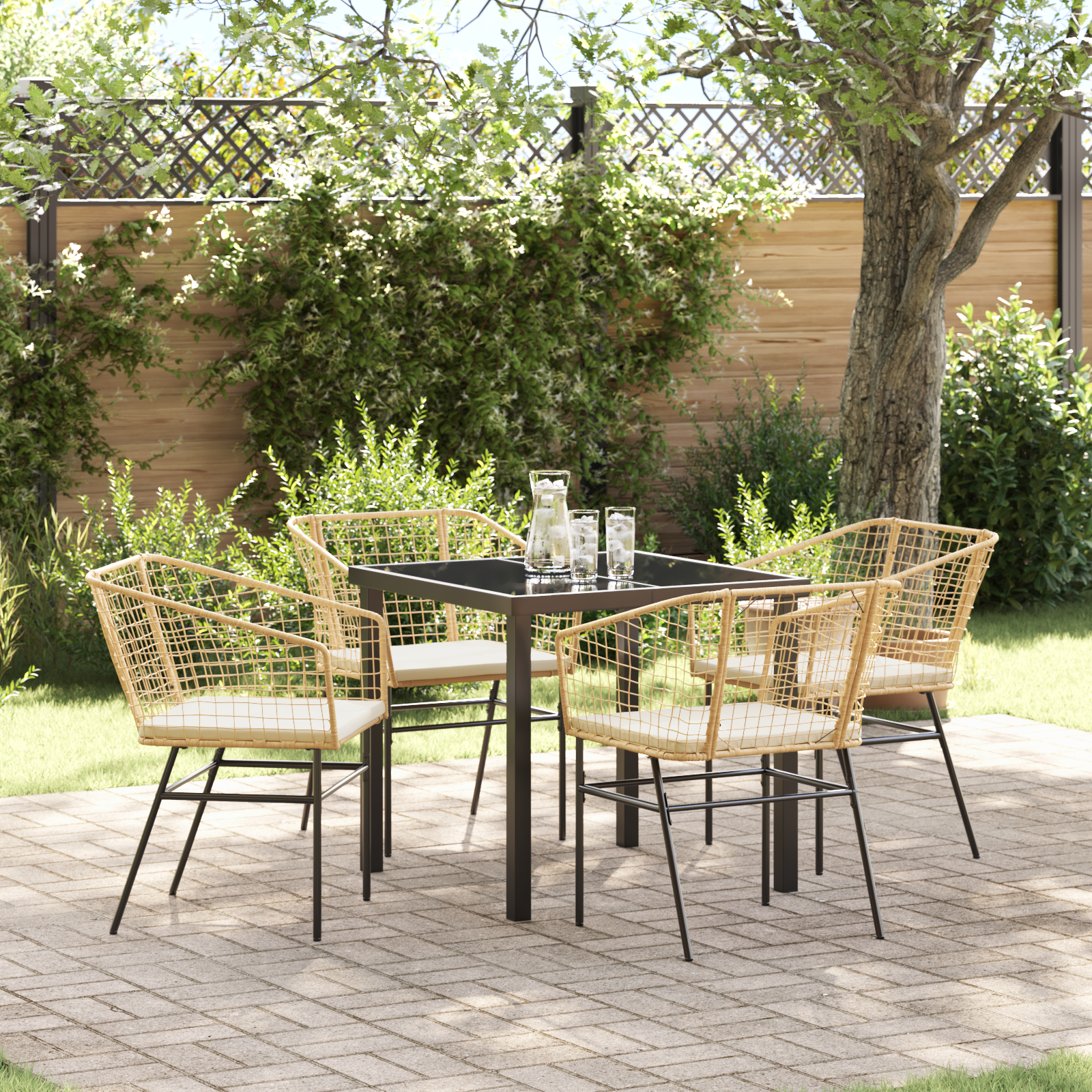 5 Piece Garden Dining Set with Cushions Brown Poly Rattan