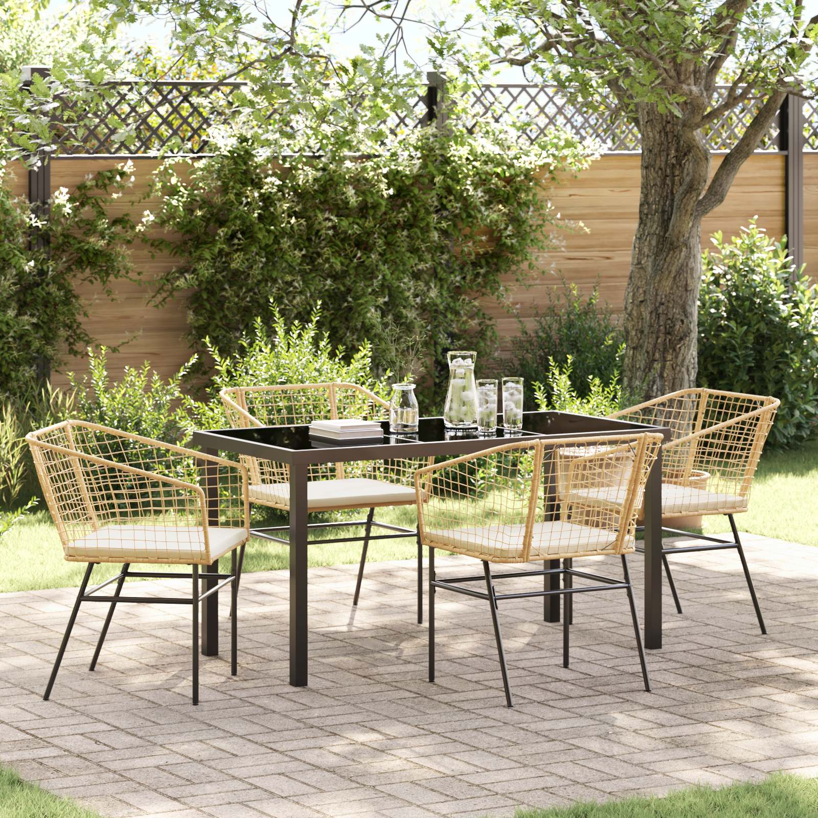 5 Piece Garden Dining Set with Cushions Brown Poly Rattan