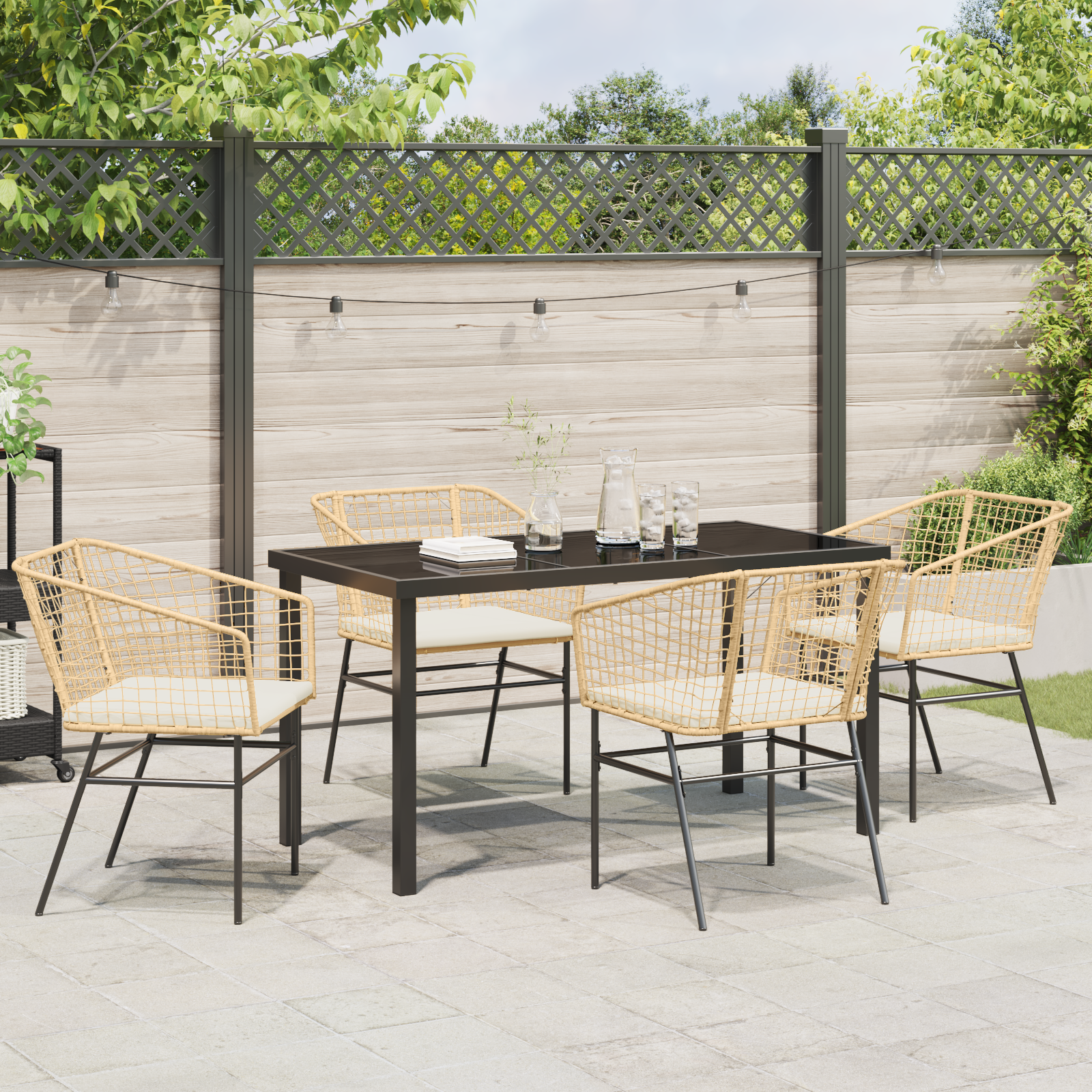 5 Piece Garden Dining Set with Cushions Brown Poly Rattan - Image 4