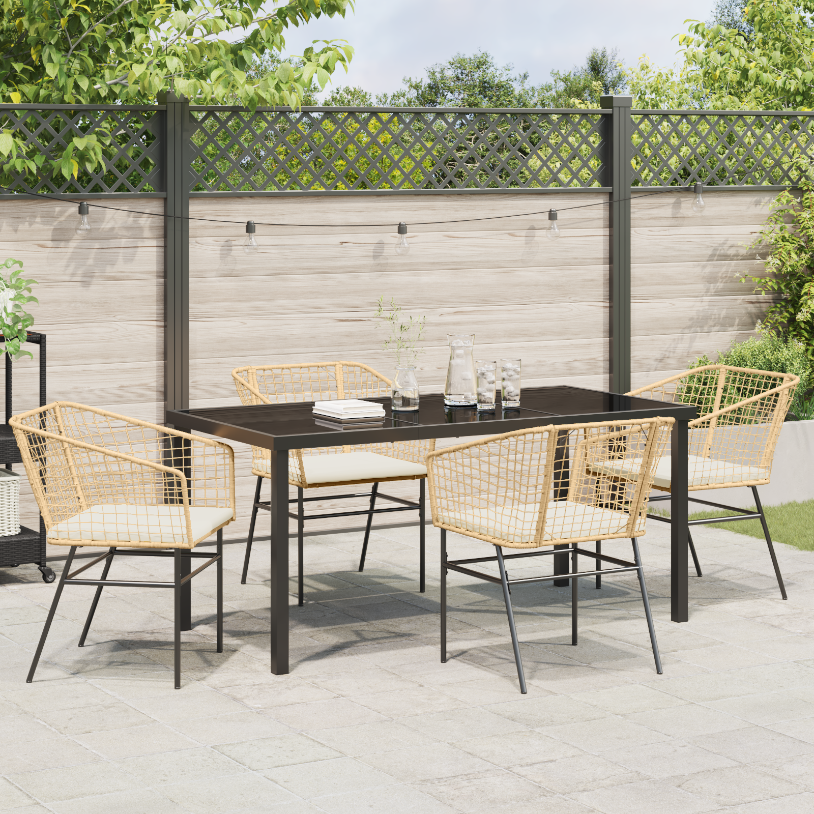 5 Piece Garden Dining Set with Cushions Brown Poly Rattan - Image 4