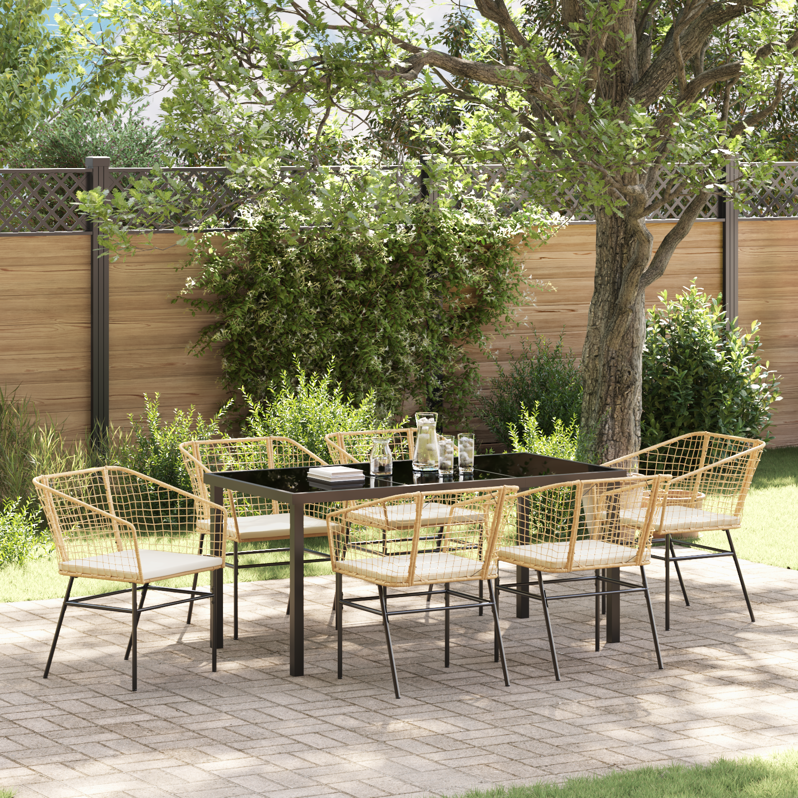 7 Piece Garden Dining Set with Cushions Brown Poly Rattan