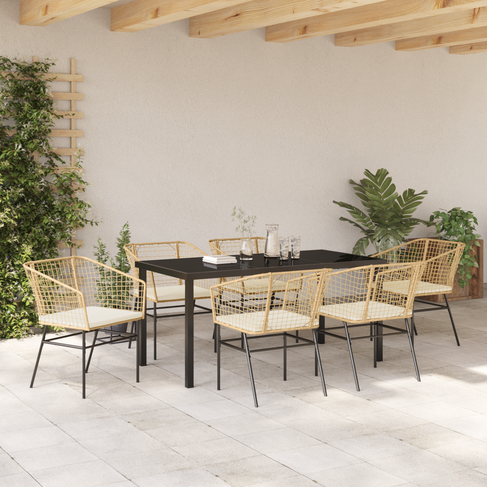 7 Piece Garden Dining Set with Cushions Brown Poly Rattan - Image 4