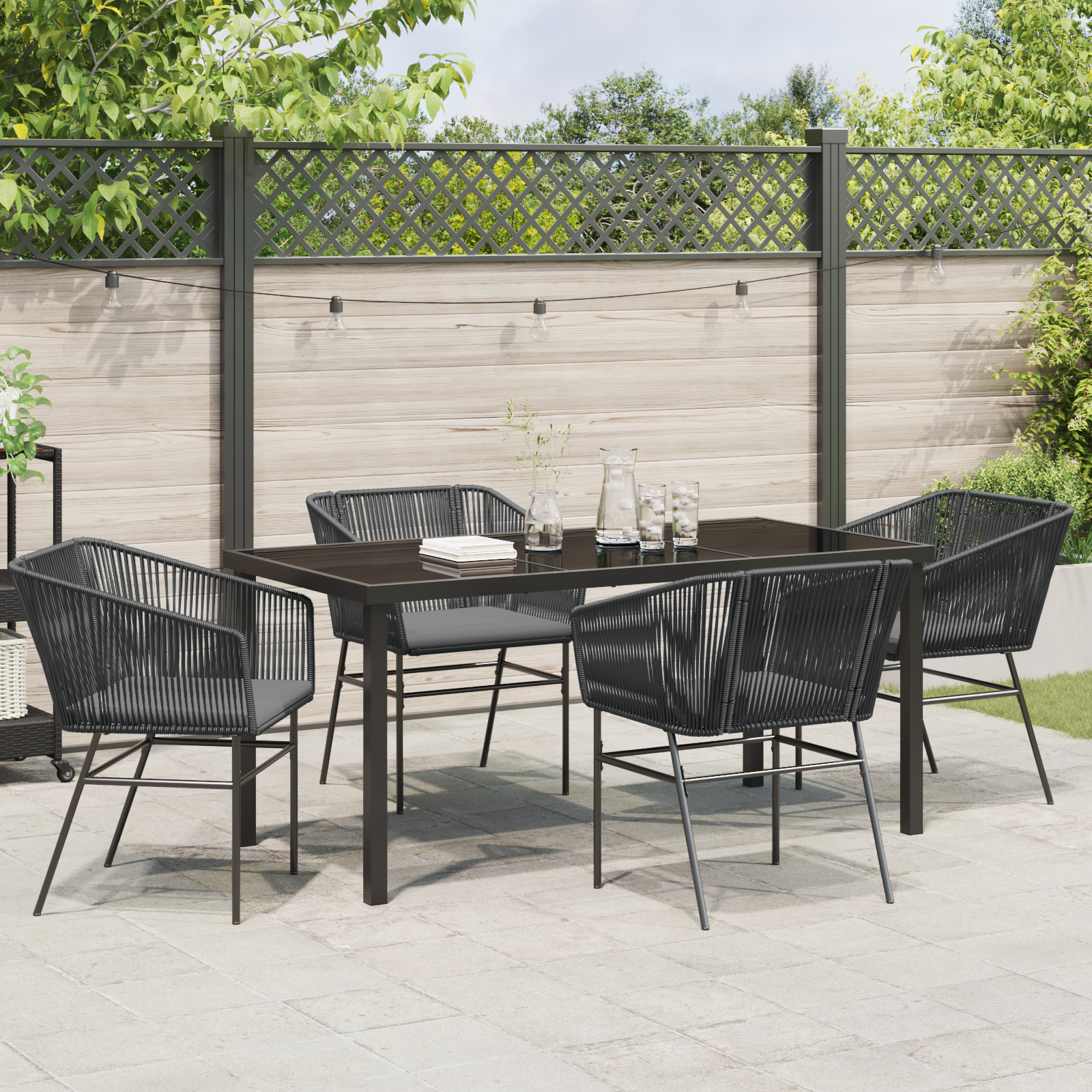 5 Piece Garden Dining Set with Cushions Black Poly Rattan - Image 4