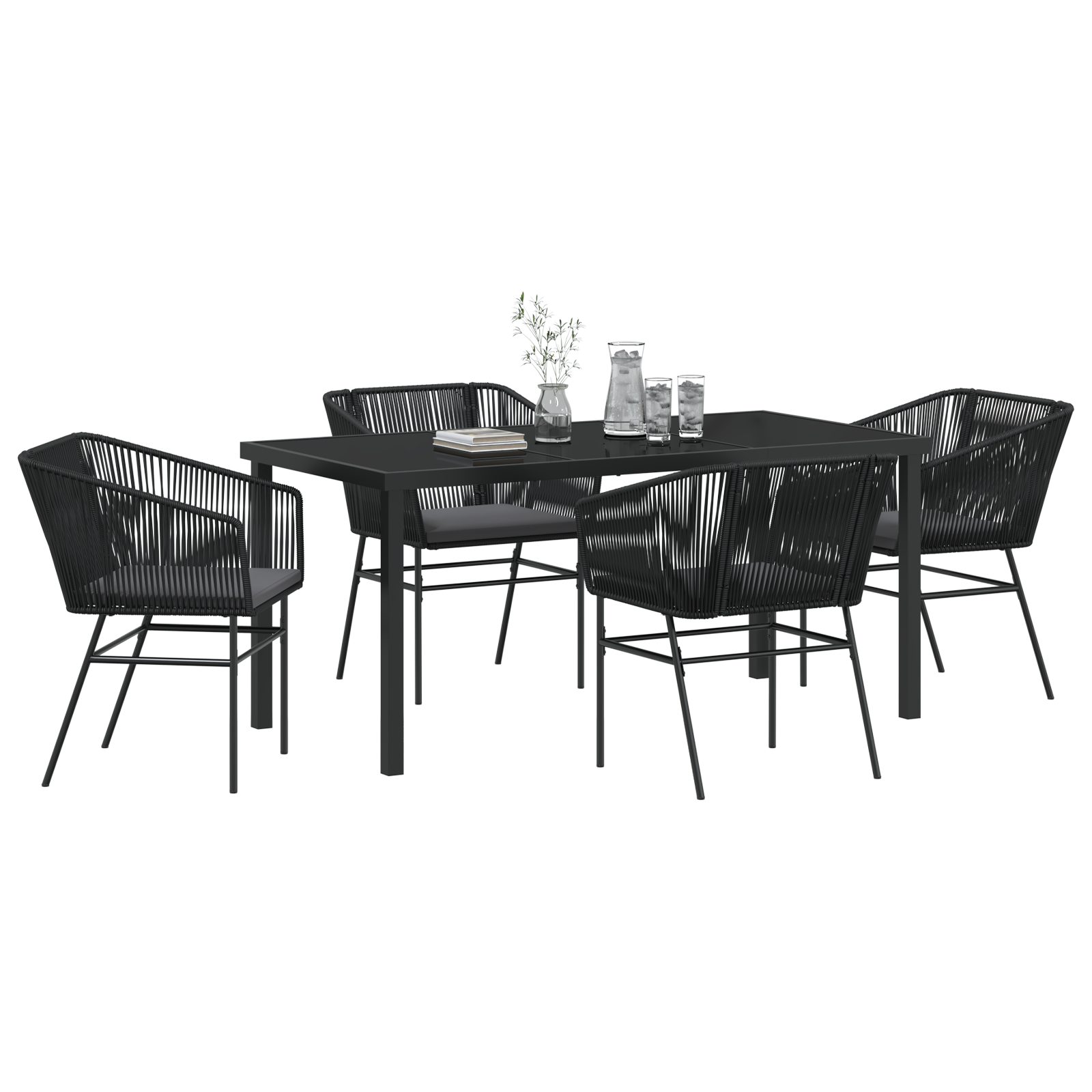 5 Piece Garden Dining Set with Cushions Black Poly Rattan - Image 3