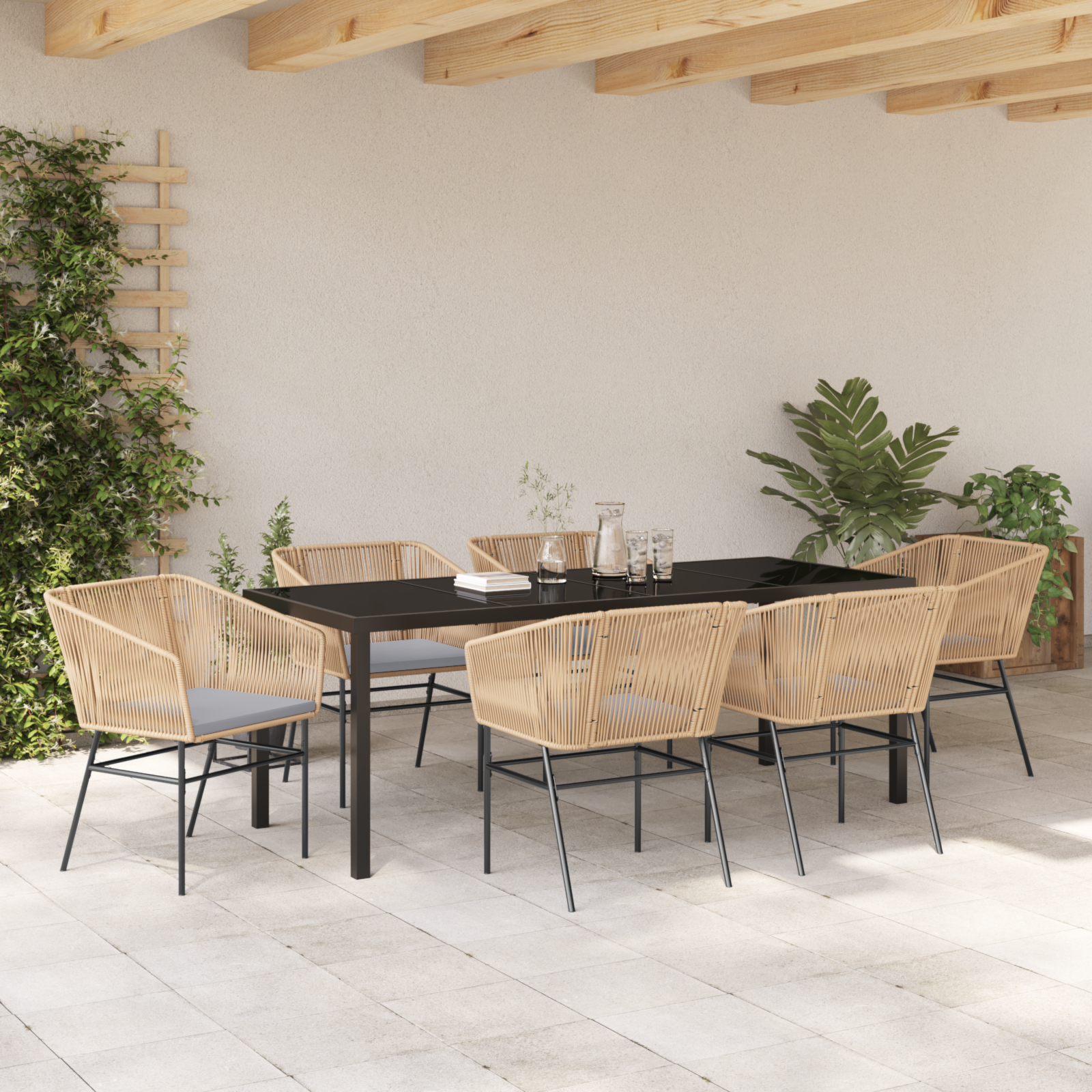 7 Piece Garden Dining Set with Cushions Brown Poly Rattan - Image 4