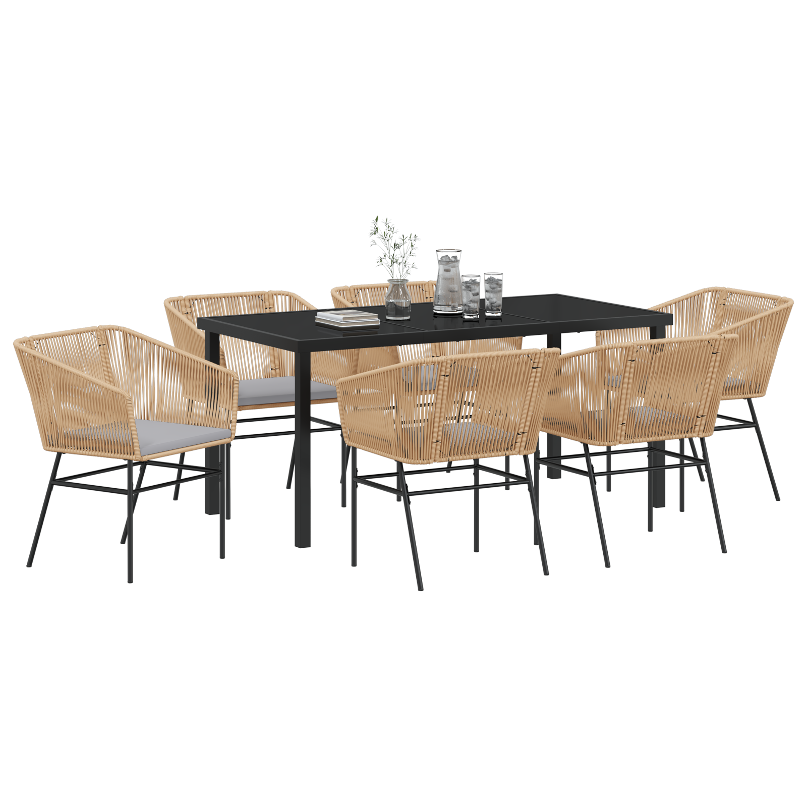 7 Piece Garden Dining Set with Cushions Brown Poly Rattan - Image 3