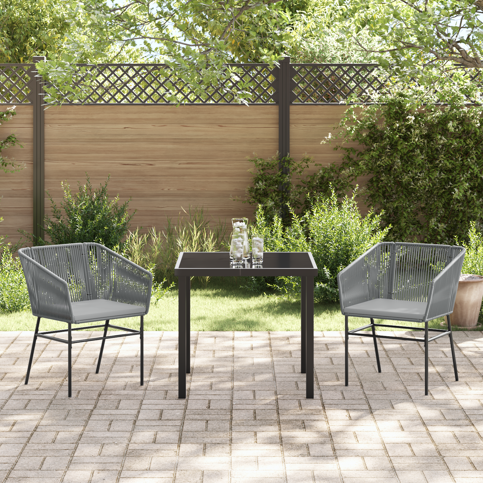 3 Piece Garden Dining Set with Cushions Grey Poly Rattan - Image 4