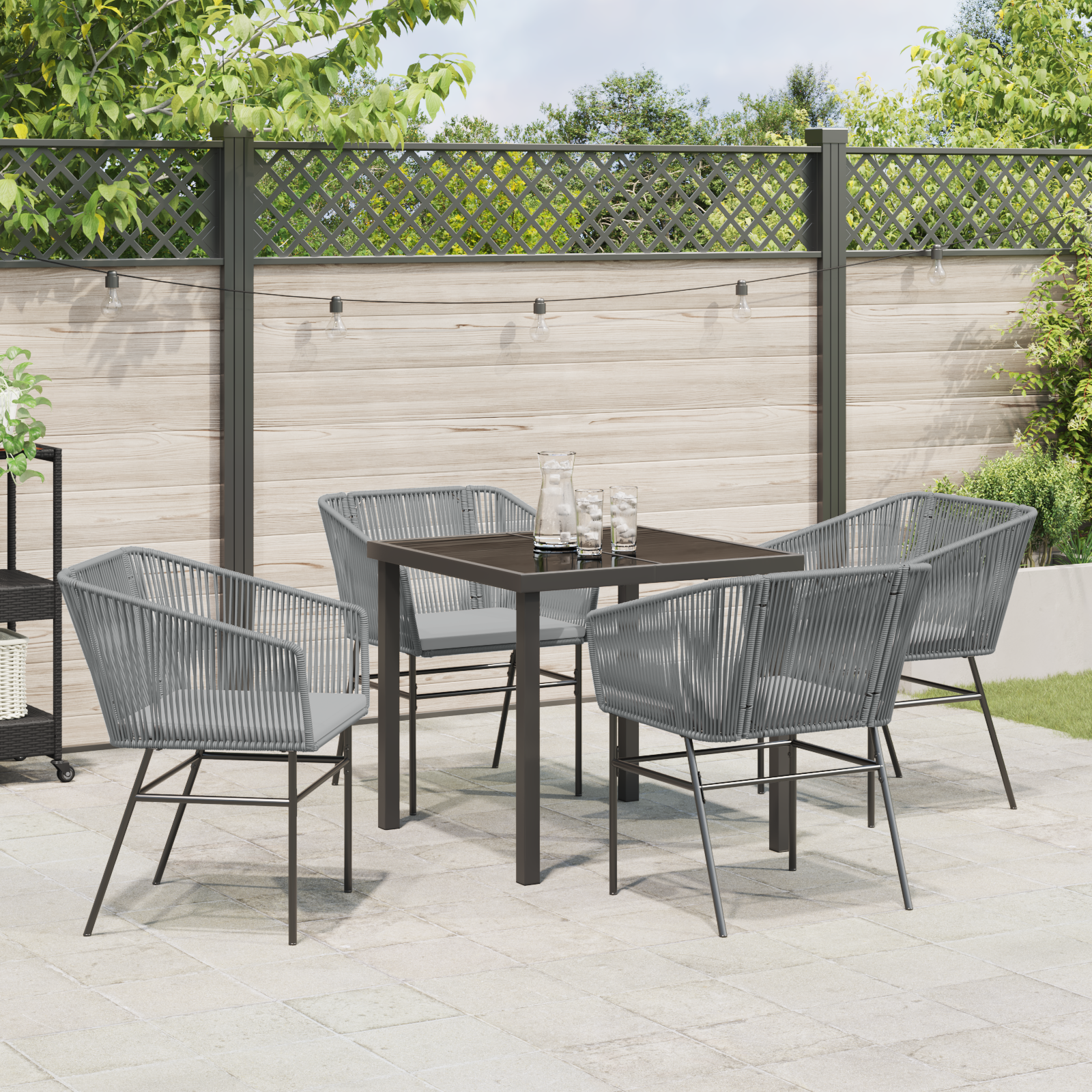 5 Piece Garden Dining Set with Cushions Grey Poly Rattan - Image 4