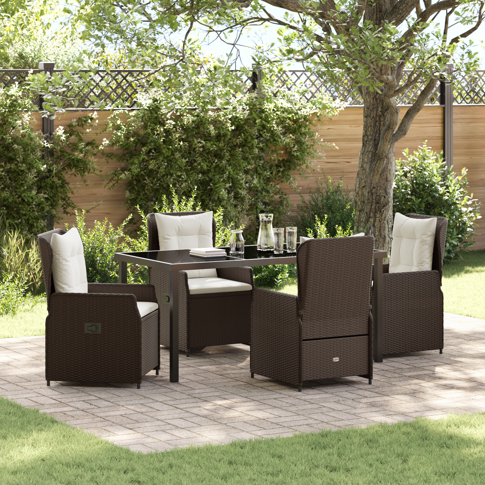 Conjunto de Jantar de 5 Peças Castanho Poliéster Rattan, Mesa de Jardim Preta 160x80x73 cm Vidro Temperado Conjunto de Jantar de 5 Peças Castanho Poliéster Rattan, Mesa de Jardim Preta 160x80x73 cm Vidro Temperado