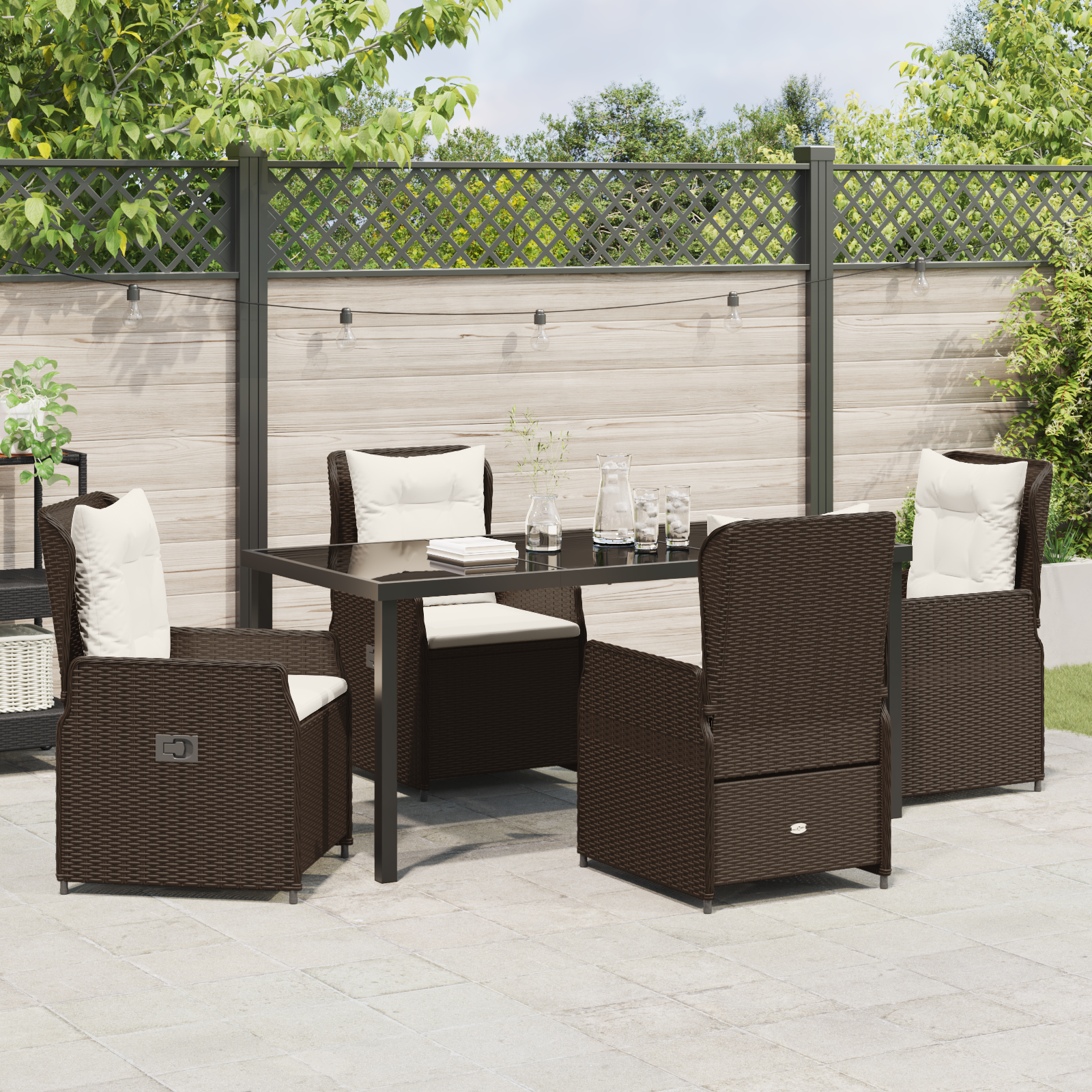 Conjunto de Jantar de 5 Peças Castanho Poliéster Rattan, Mesa de Jardim Preta 160x80x73 cm Vidro Temperado