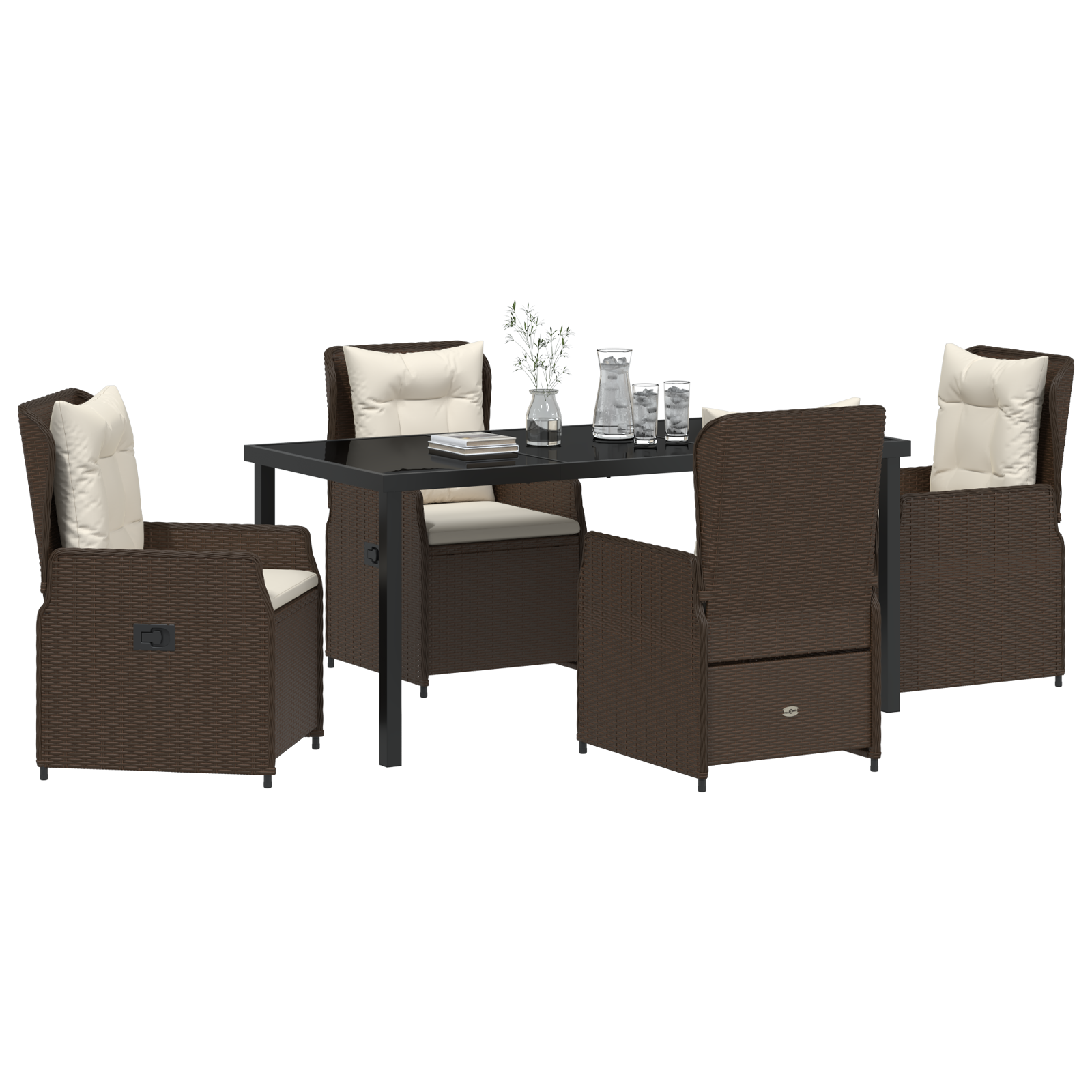 Conjunto de Jantar de 5 Peças Castanho Poliéster Rattan, Mesa de Jardim Preta 160x80x73 cm Vidro Temperado