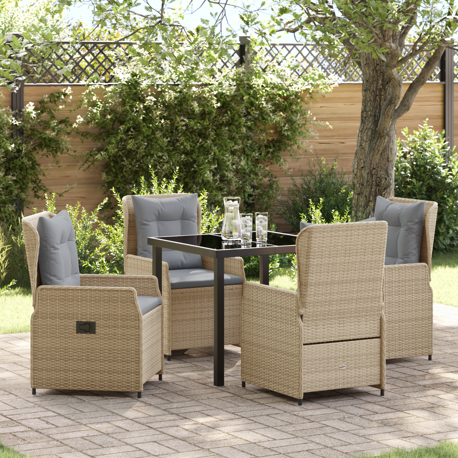 Conjunto de Jantar de Jardim 5 Peças Vime Bege Poly, Mesa de Jardim Preta 80x80x73 cm em Vidro Temperado Conjunto de Jantar de Jardim 5 Peças Vime Bege Poly, Mesa de Jardim Preta 80x80x73 cm em Vidro Temperado