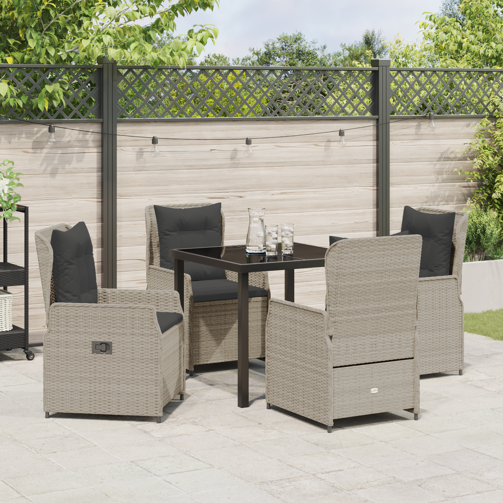 Conjunto de Jantar de 5 Peças para Jardim Cinza Claro de Rattan Poliéster, Mesa de Jardim Preta 80x80x73 cm Vidro Temperado