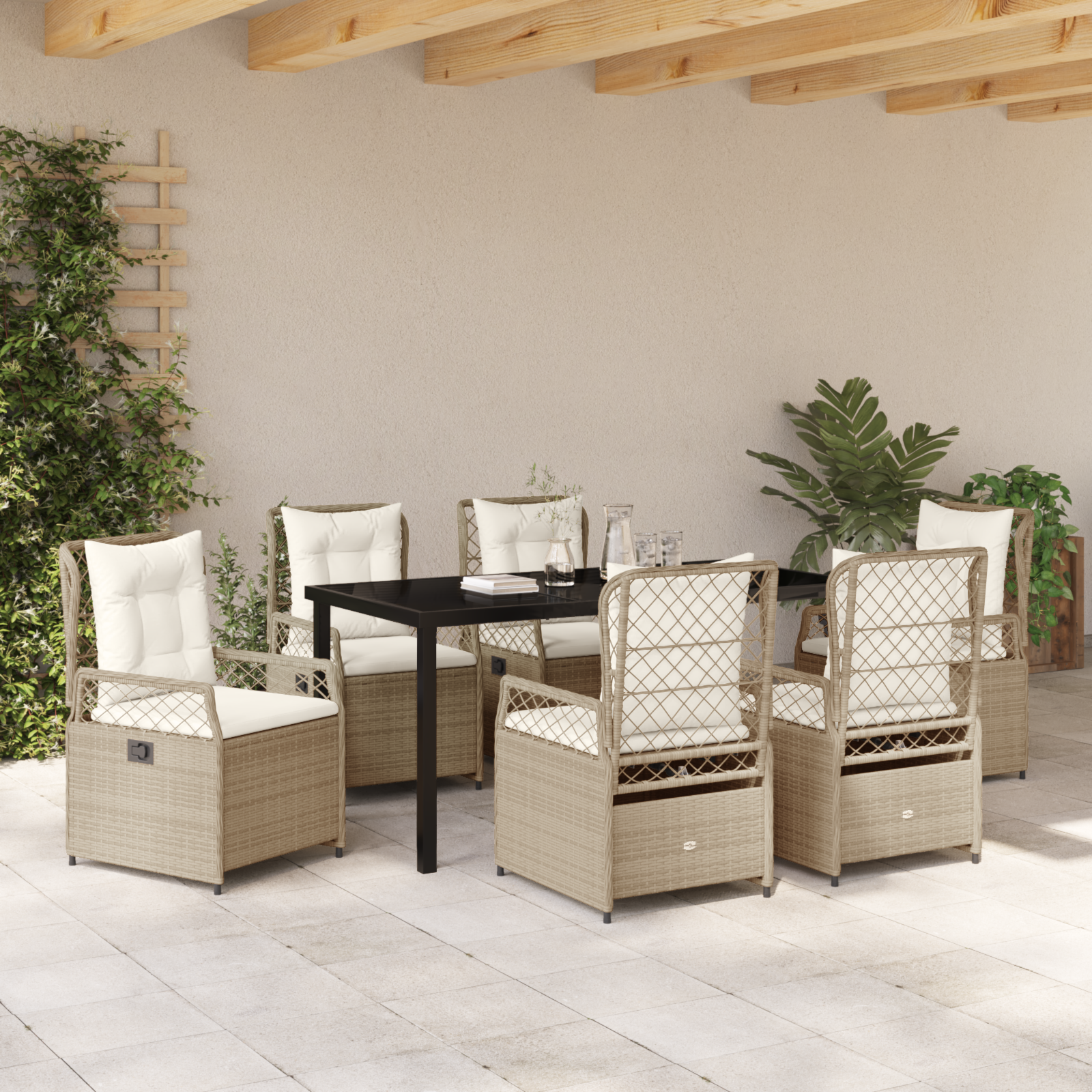 Conjunto de Jantar de Jardim 7 Peças Bege Vime Poliéster