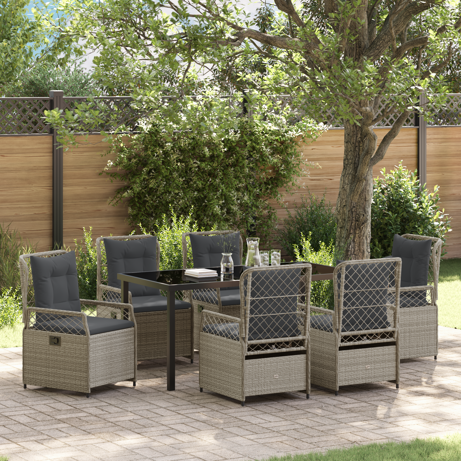 Conjunto de Jantar para Jardim de 7 Peças Cinzento Claro Vime PE Conjunto de Jantar para Jardim de 7 Peças Cinzento Claro Vime PE