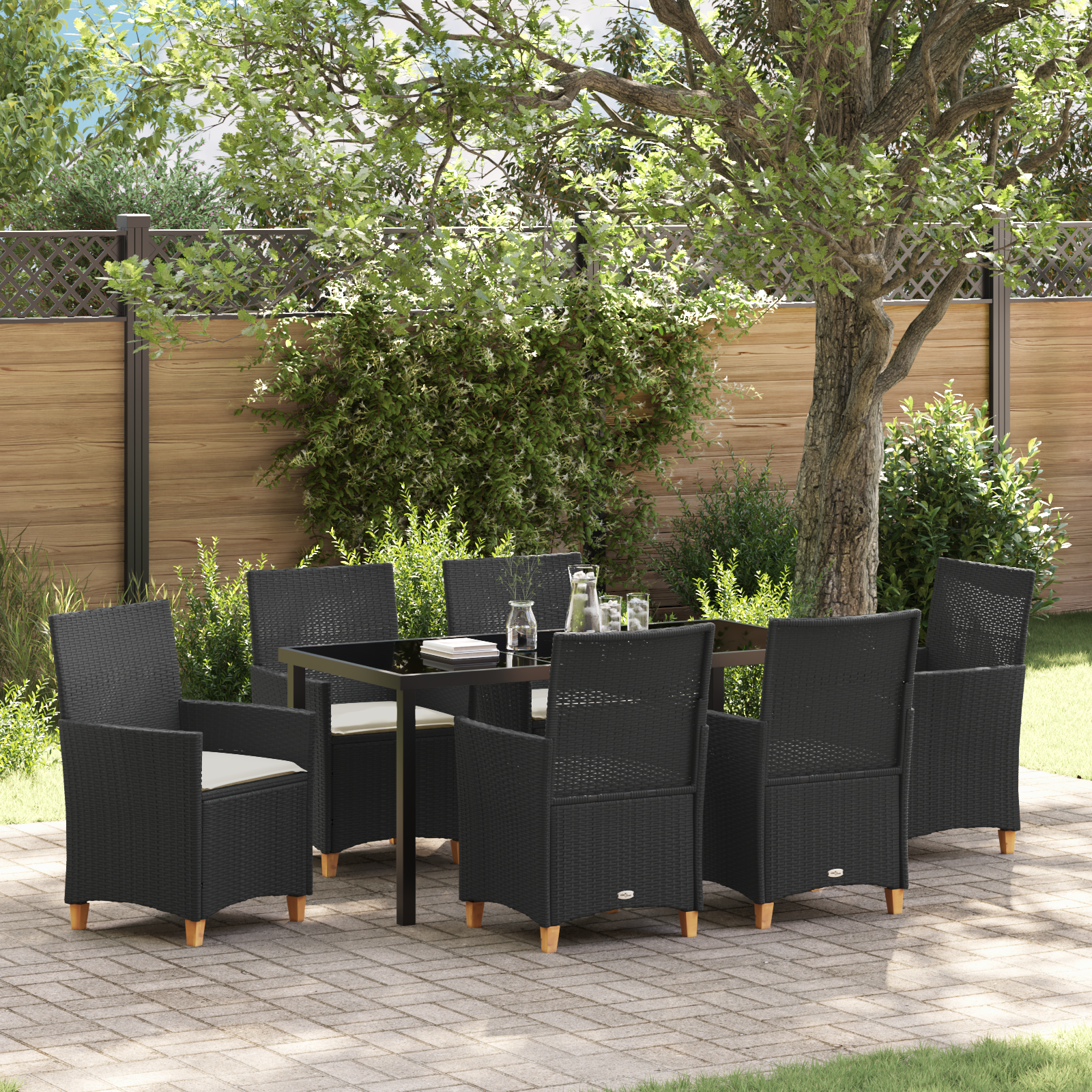 Thumbnail - vidaXL 7-teiliges Garten-Esszimmer-Set mit Kissen, Schwarz, aus Poly-Rattan.