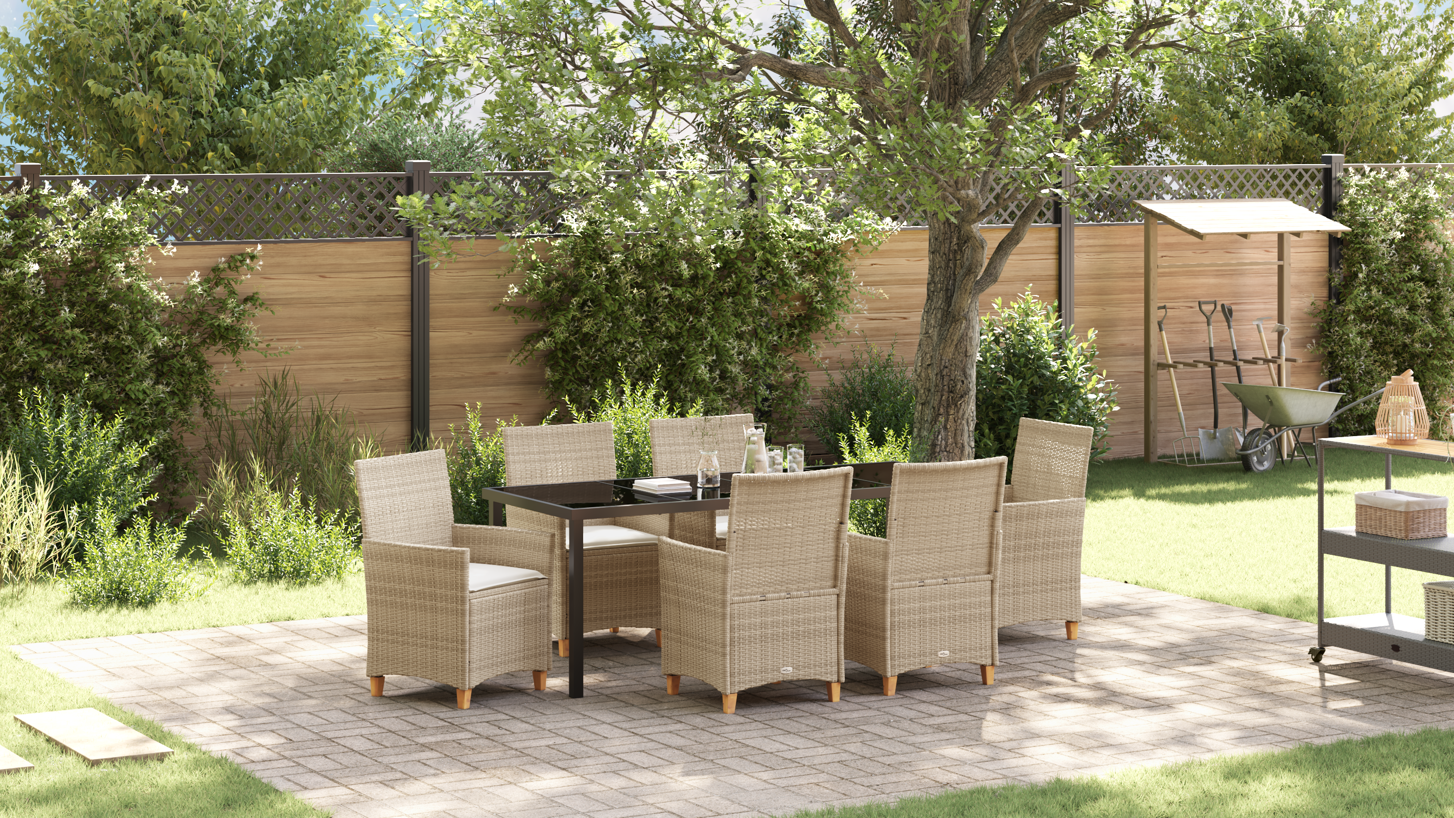 Set Dining Grădină 7 Piese cu Perne Bej Rattan Poliester Mobilier relaxare exterior - Set Dining Grădină 7 Piese cu Perne Bej Rattan Poliester