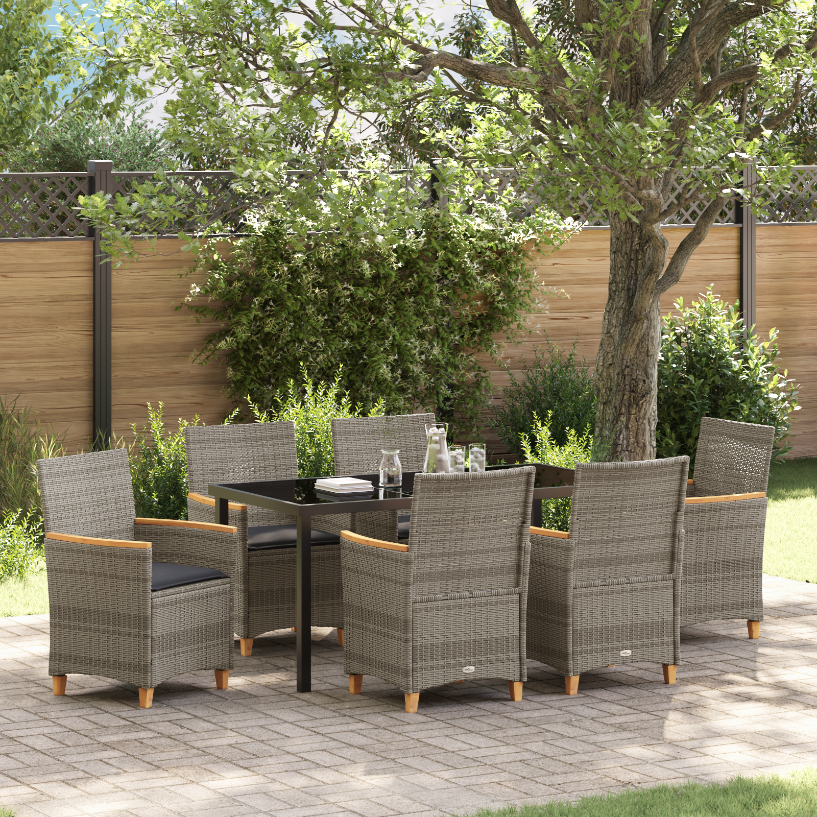 7 Piece Garden Dining Set with Cushions Grey Poly Rattan