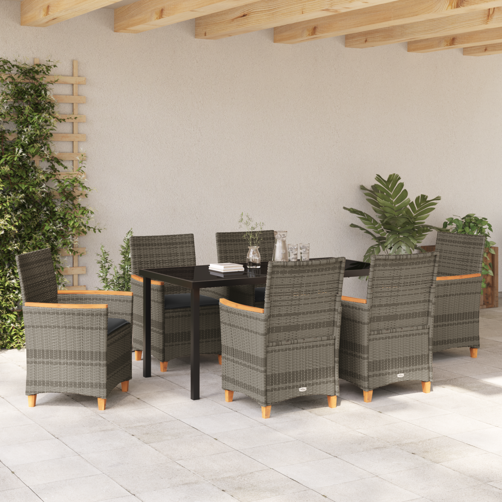 7 Piece Garden Dining Set with Cushions Grey Poly Rattan - Image 4